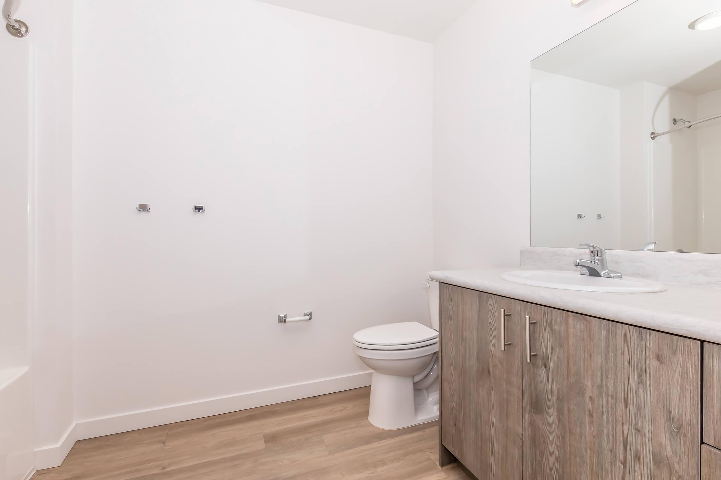 A modern bathroom featuring a white toilet, a light-colored wooden vanity with a sink, and a spacious, uncluttered layout. The walls are painted white, and there's a large mirror above the sink. The flooring is a light wood-like material, and there is a bathtub with a showerhead in the corner.