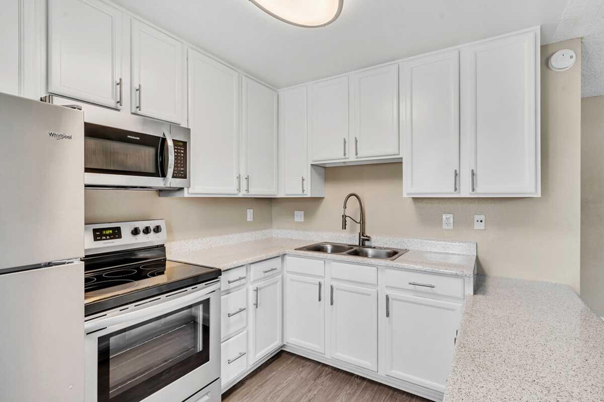 Modern kitchen featuring white cabinets, stainless steel appliances including a microwave and stove, a double-basin sink, and a light-colored countertop. The room is well-lit with a ceiling fixture, showcasing a clean and contemporary design.