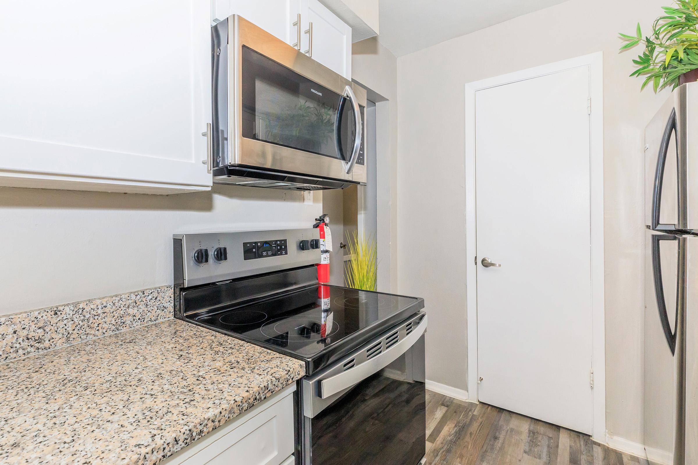 Modern kitchen featuring stainless steel appliances, including a microwave and oven, black stovetop, and granite countertops. A white door on the right leads to another room, while a small plant decoration is placed on top of the cabinets for a touch of greenery.