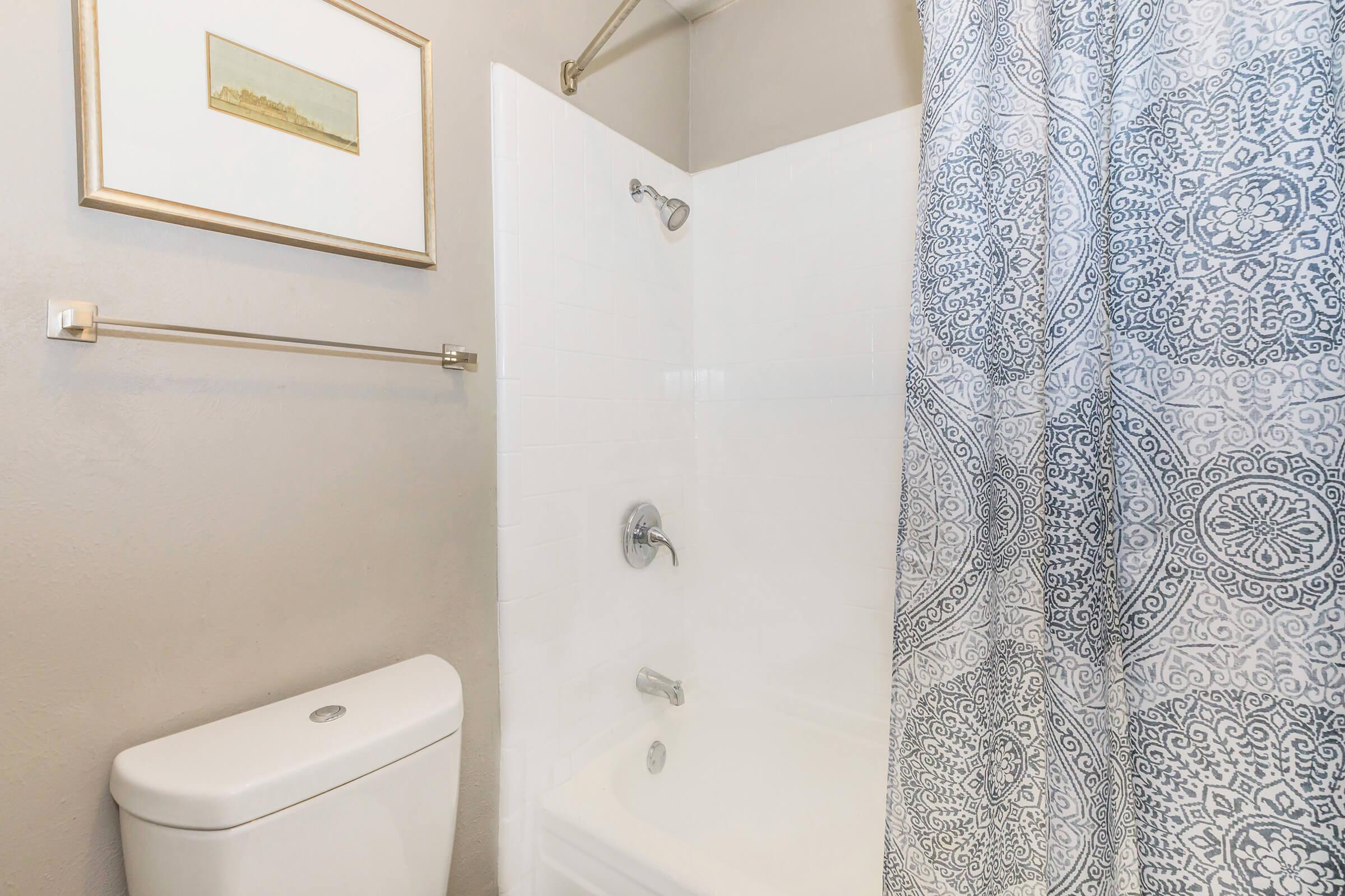A clean and modern bathroom featuring a bathtub with a showerhead, a decorative shower curtain with a blue and white pattern, a wall-mounted towel bar, and a framed piece of art on the wall. The toilet is positioned next to the bathtub, all set against a light-colored wall.