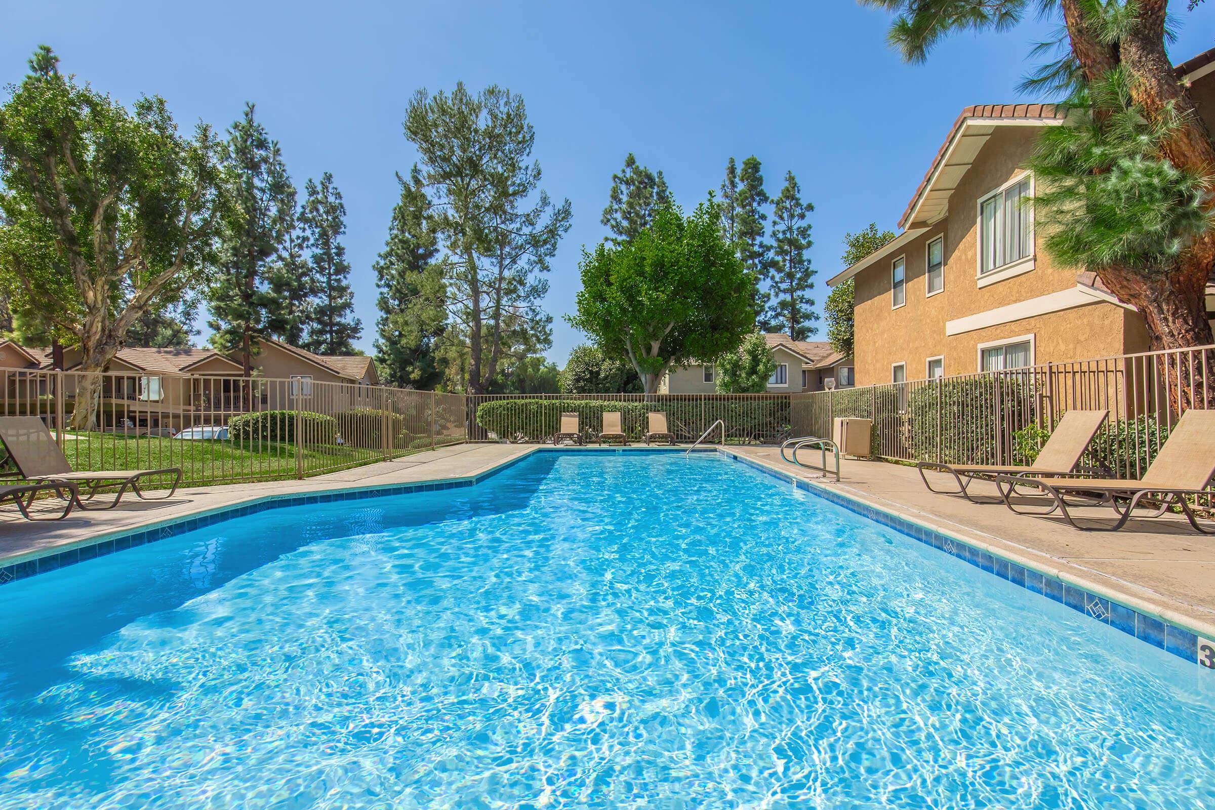 A sunny outdoor swimming pool surrounded by lounge chairs, with tall green trees and residential buildings in the background. The water is clear and inviting, reflecting the blue sky. The setting creates a relaxing atmosphere, perfect for leisure and enjoyment.