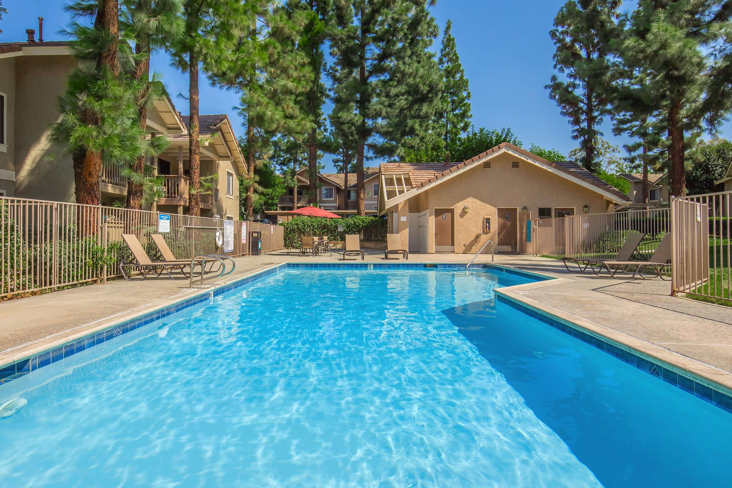 A well-maintained outdoor swimming pool surrounded by lounge chairs and tall green trees. The pool area features a clear blue sky and several residential buildings in the background, creating a relaxing atmosphere perfect for leisure and recreation.