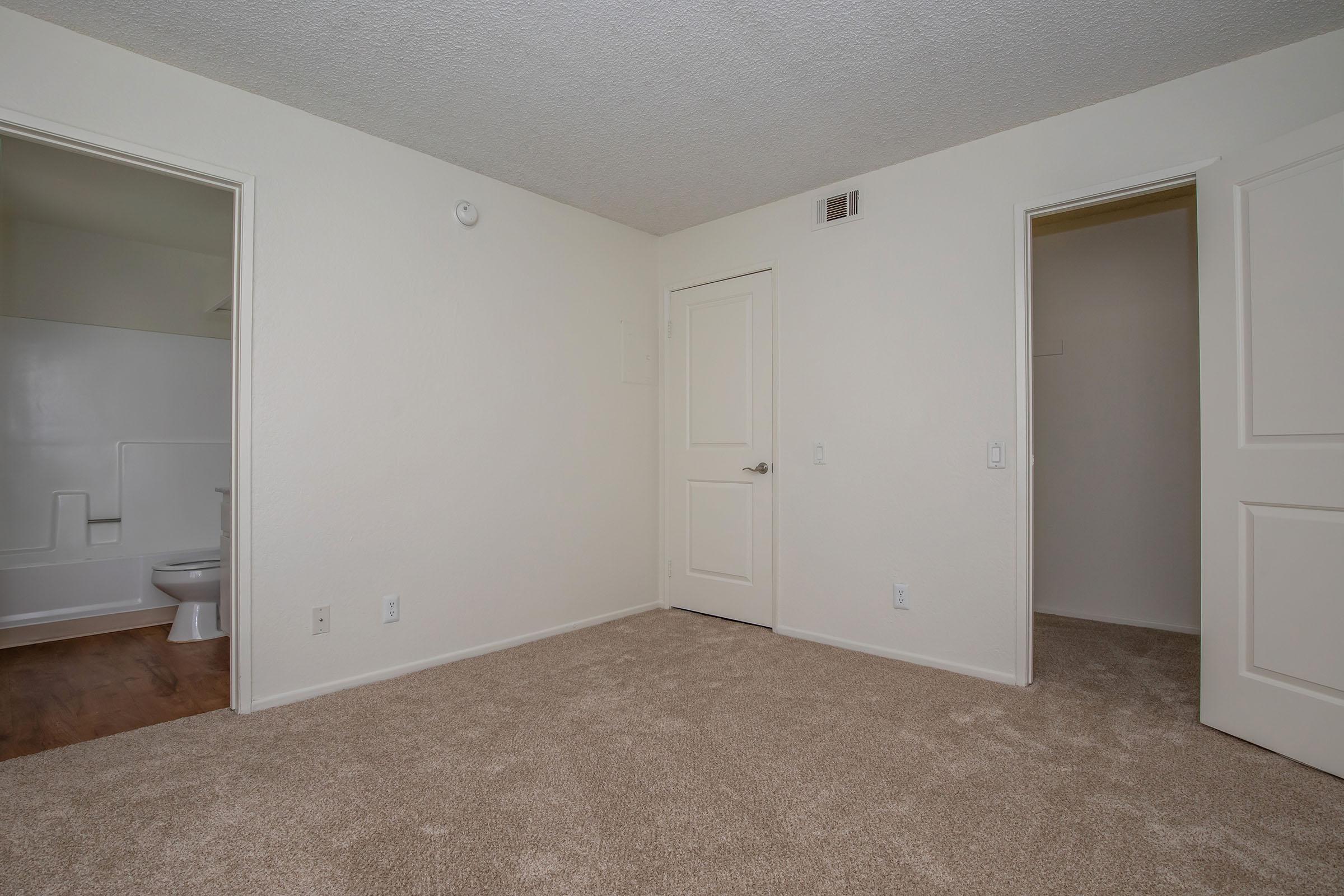 carpeted bedroom with attached bathroom and closet