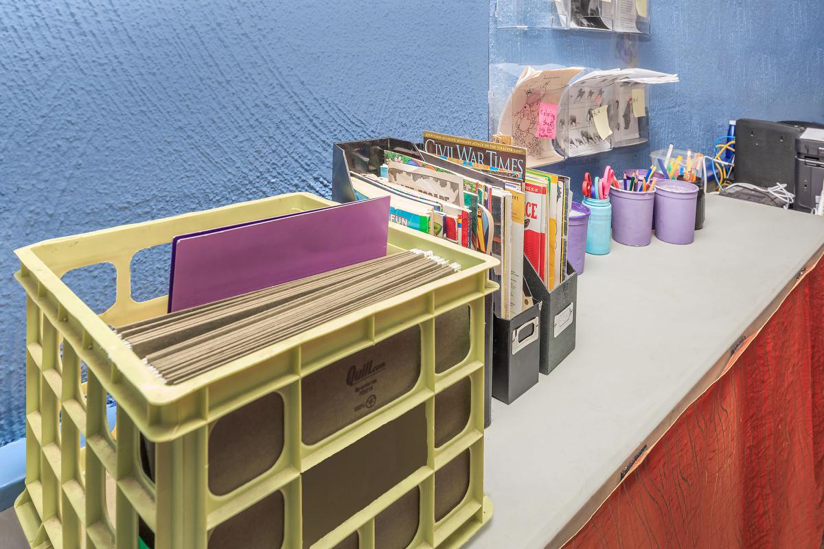 Crates with supplies on tables