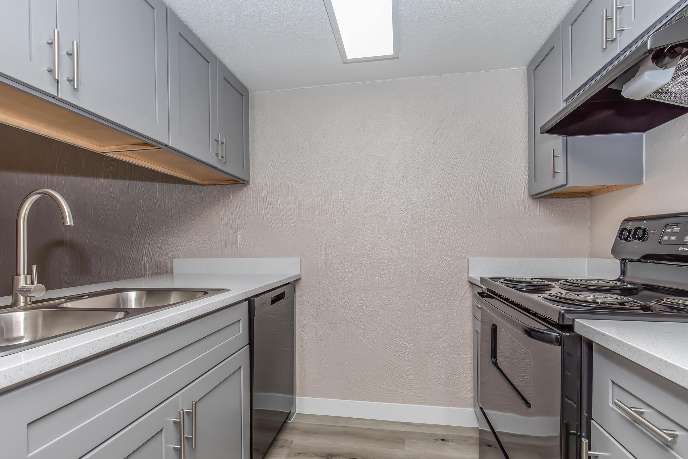 a kitchen with a stove and a sink