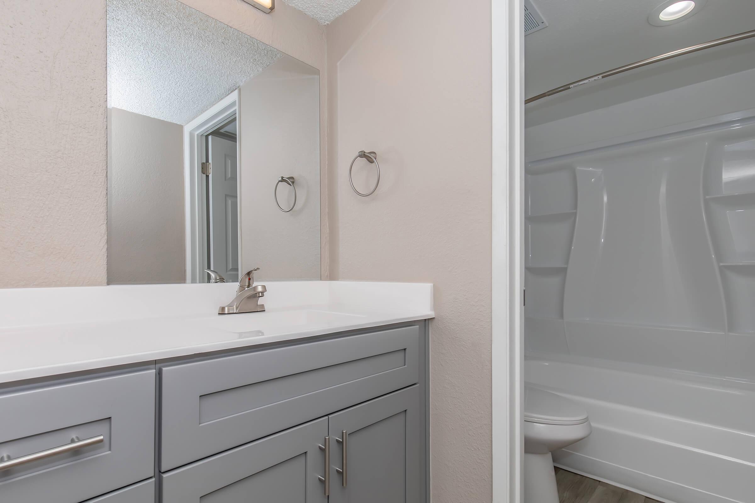 a kitchen with a sink and a mirror