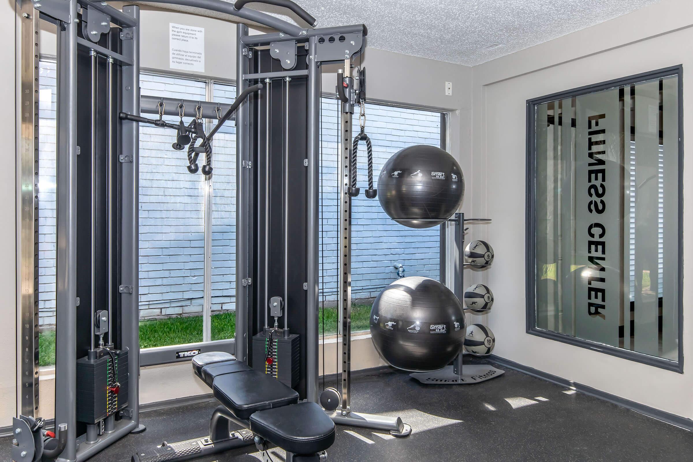 A modern gym space featuring a cable machine, exercise balls, and a wall with glass windows labeled "Wellness Center." The floor is carpeted, and there are green grass views outside the large window.