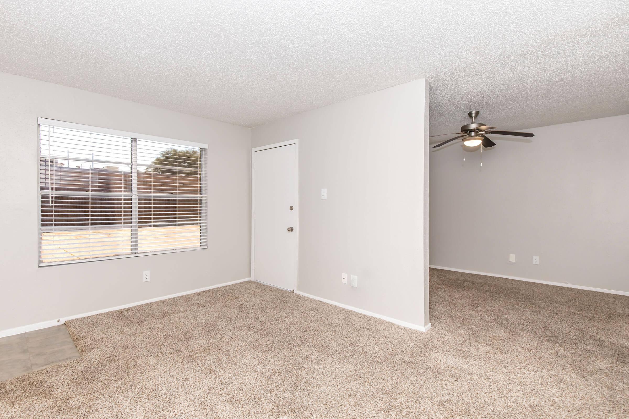A spacious, light-colored living room with beige carpet, featuring a window with blinds and a ceiling fan. There's a door leading outside visible on the left side, and a blank wall on the right. The overall ambiance is open and airy, suitable for various furniture arrangements.