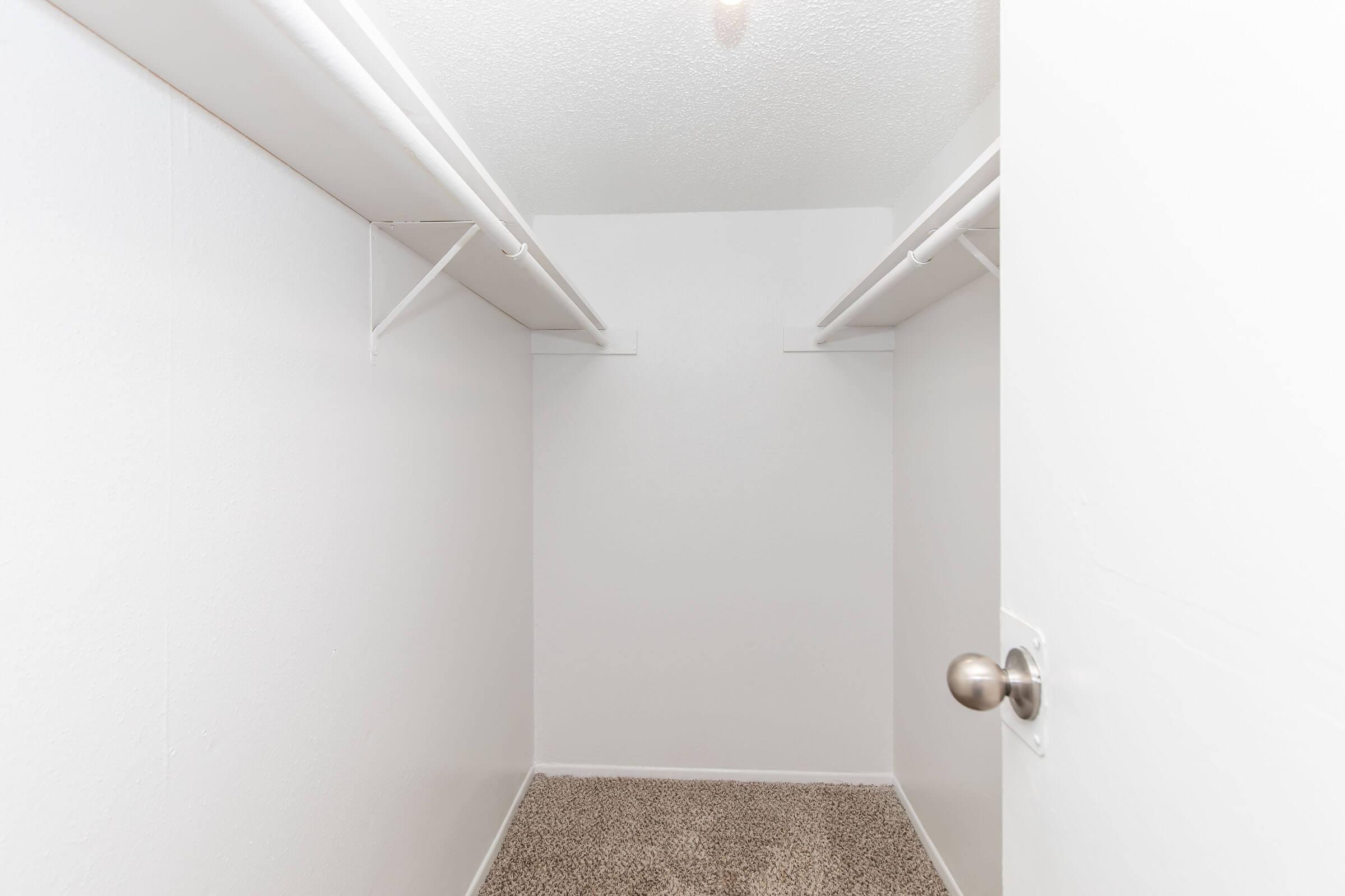 A clean, empty closet featuring white walls and two hanging rods. The floor is covered in light brown carpet, and there is a door partially open, revealing a well-lit interior. The space is uncluttered, providing a blank canvas for storage or organization.