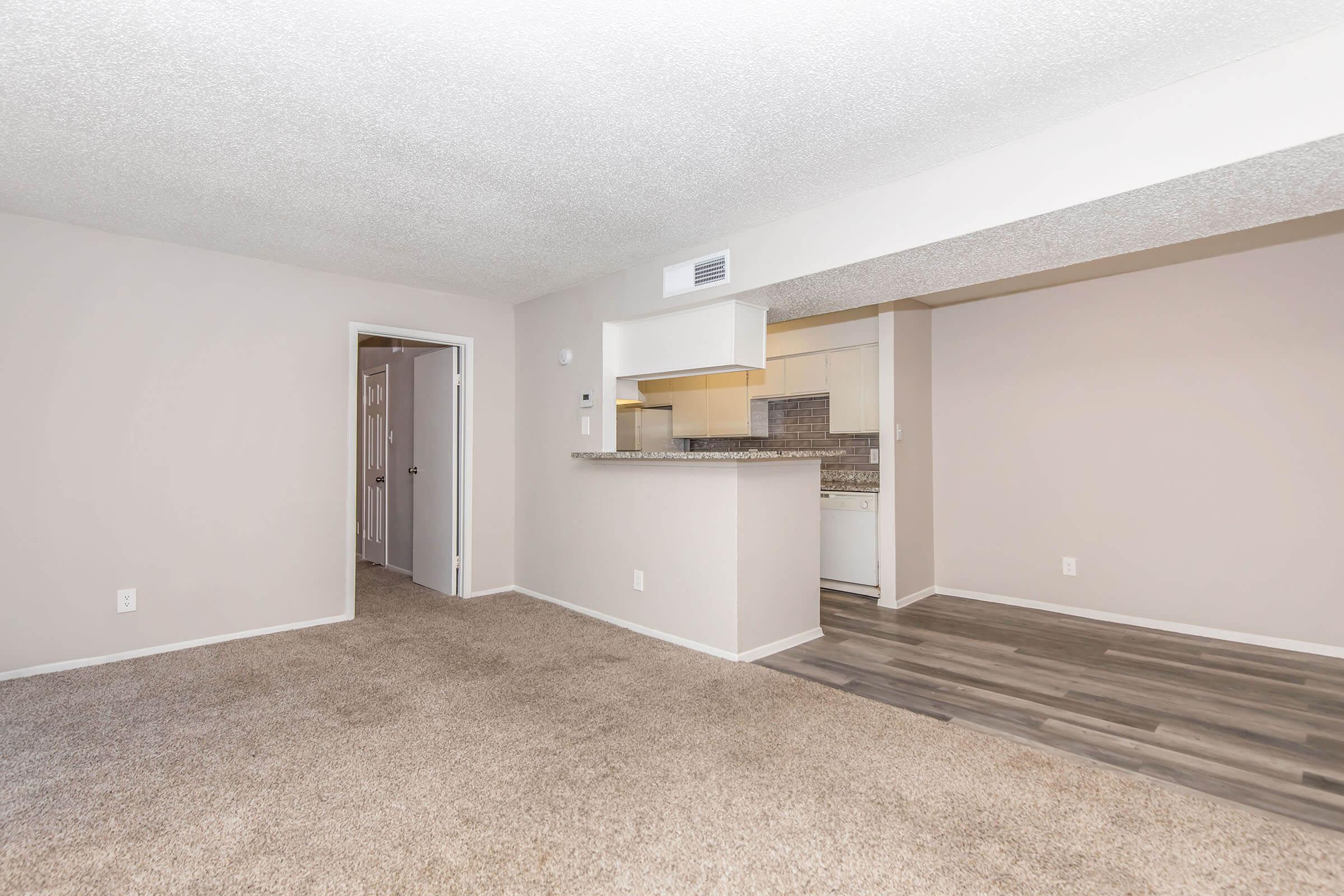 Interior view of a light-colored living space with a carpeted floor. The room features an open layout that connects to a kitchen area with light cabinetry and countertops. A doorway leads to another room, and the walls are painted in soft neutral tones, enhancing the overall airy feel of the space.