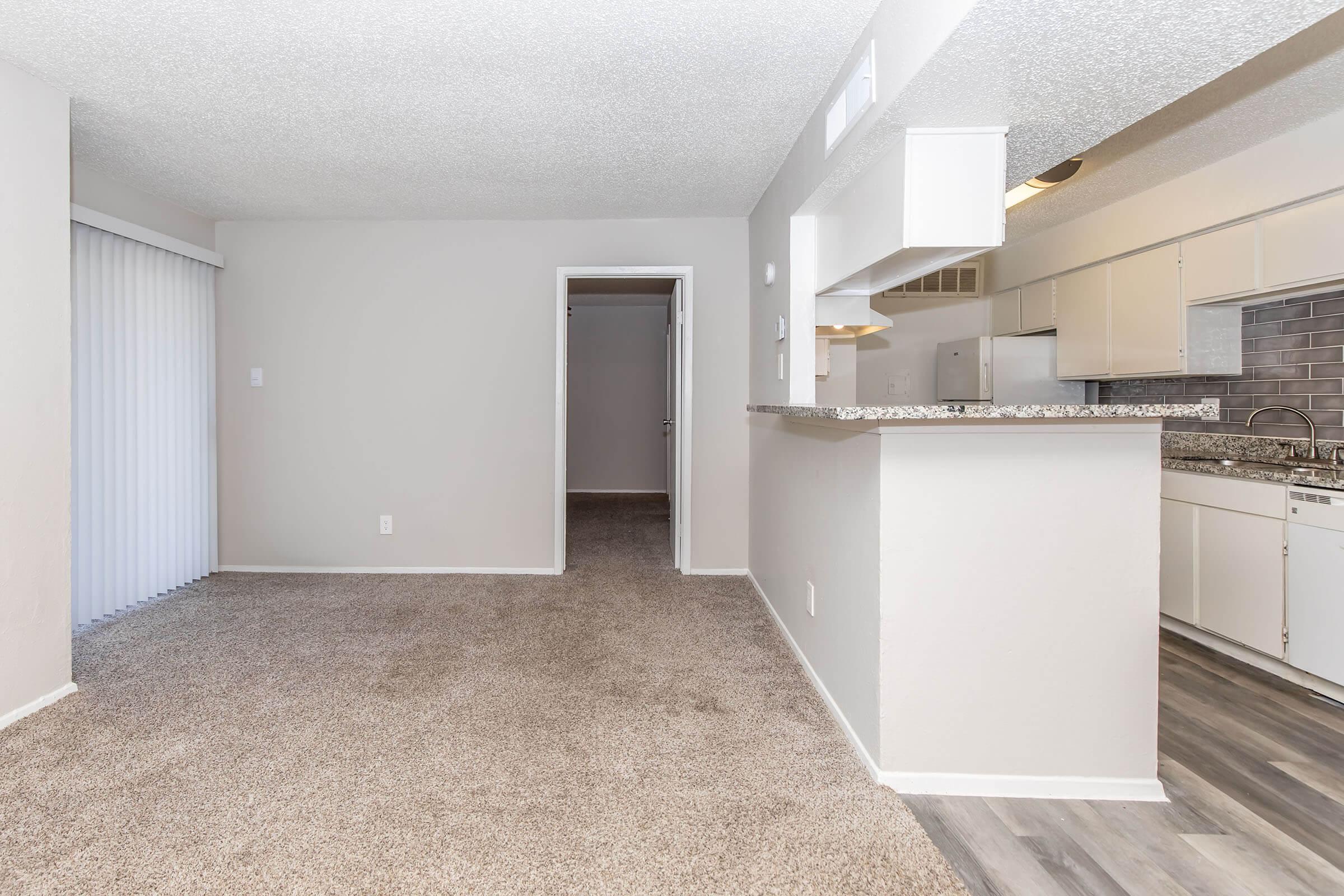An interior view of a spacious apartment featuring a light beige carpet, neutral walls, and a small kitchen area with white cabinets and a granite countertop. A doorway leads to another room in the background, while white blinds cover a window. Natural light enhances the open layout.