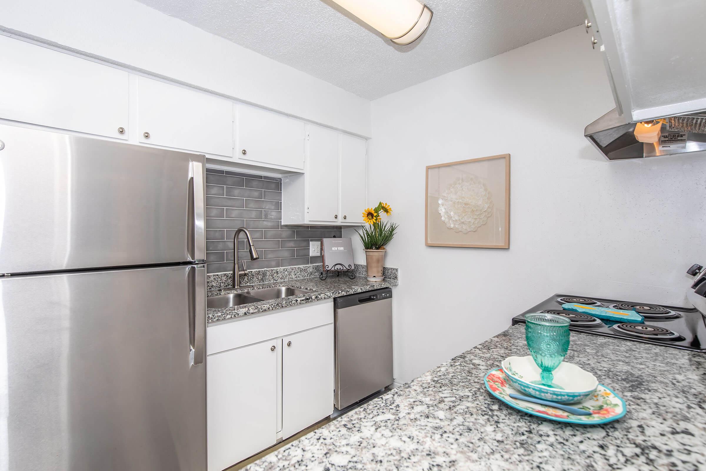 A modern kitchen featuring stainless steel appliances, including a refrigerator and dishwasher. The countertops are made of speckled granite, and there is a sink with a sleek faucet. A framed artwork adorns the wall, along with a potted sunflower plant. Set on the counter is a blue glass and a decorative plate with floral patterns.