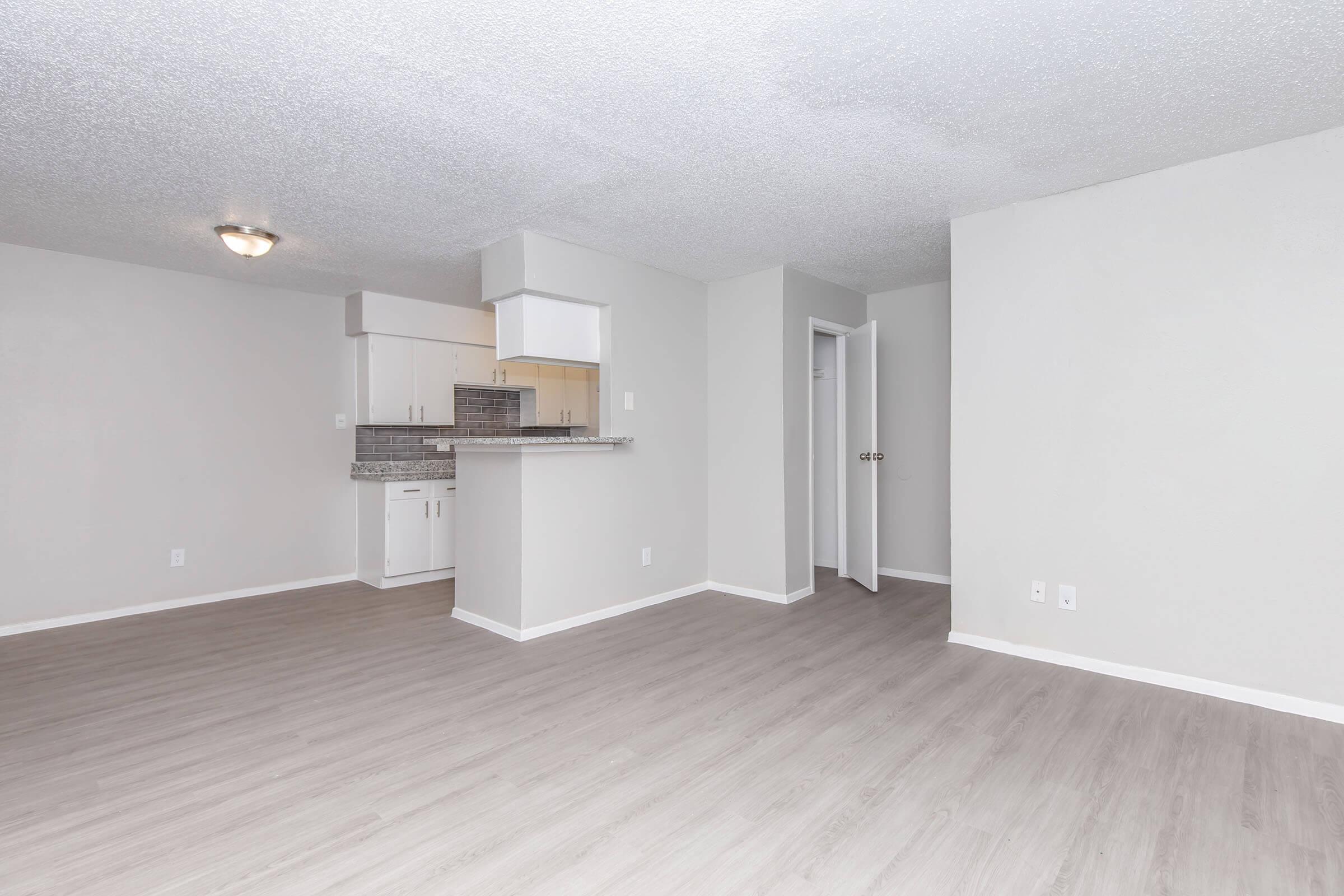 A spacious, modern living area with light hardwood flooring, featuring an open layout. On one side, a kitchenette with light cabinetry and a tiled backsplash is visible. The walls are painted in a neutral color, and there is a doorway leading to another room. Natural light enhances the inviting atmosphere.