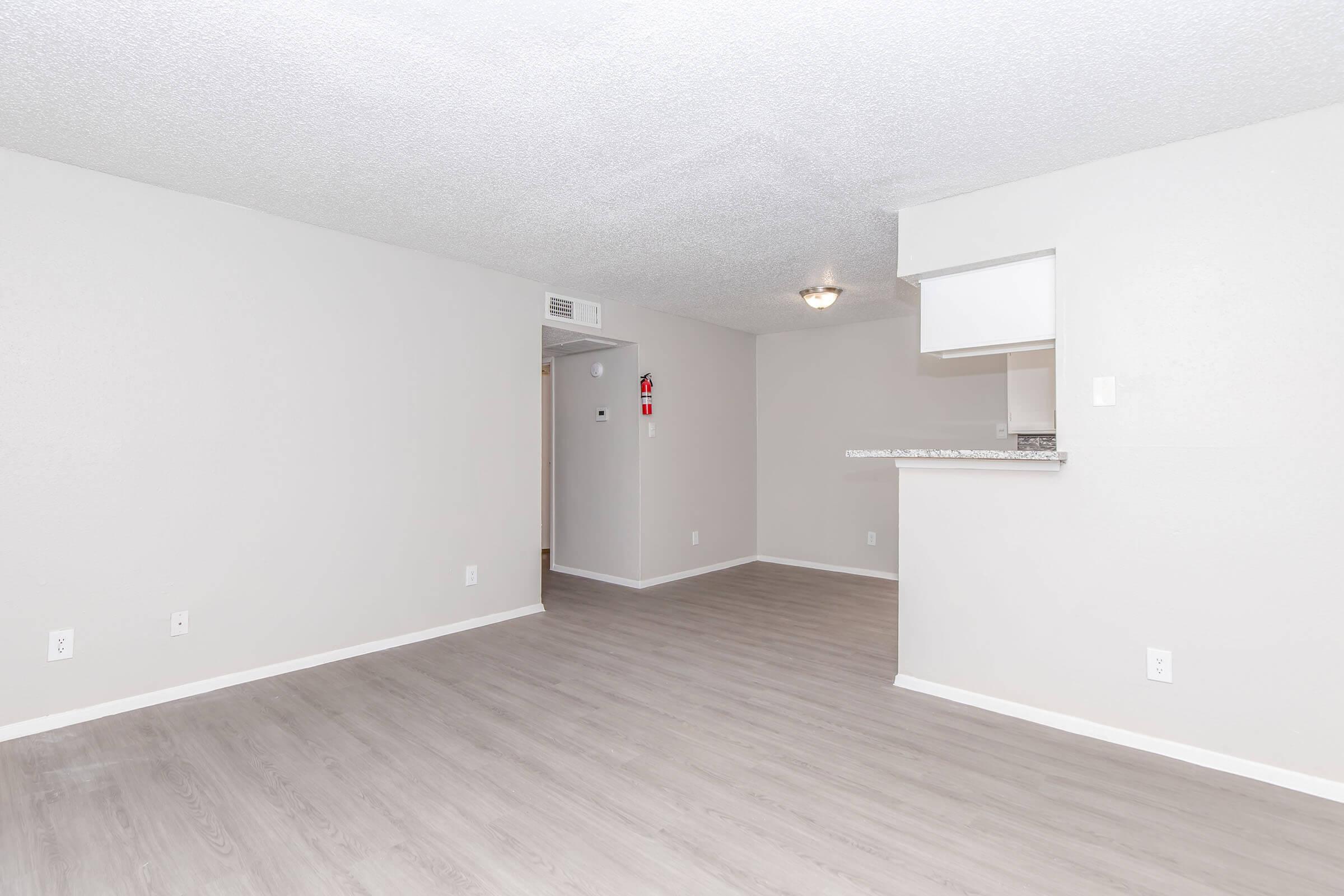 Spacious, empty living room with light gray walls and a textured ceiling. The floor is a light wooden finish. A small kitchen area is visible in the corner, featuring a counter and an open layout. The room is bright with ample lighting from a ceiling fixture.
