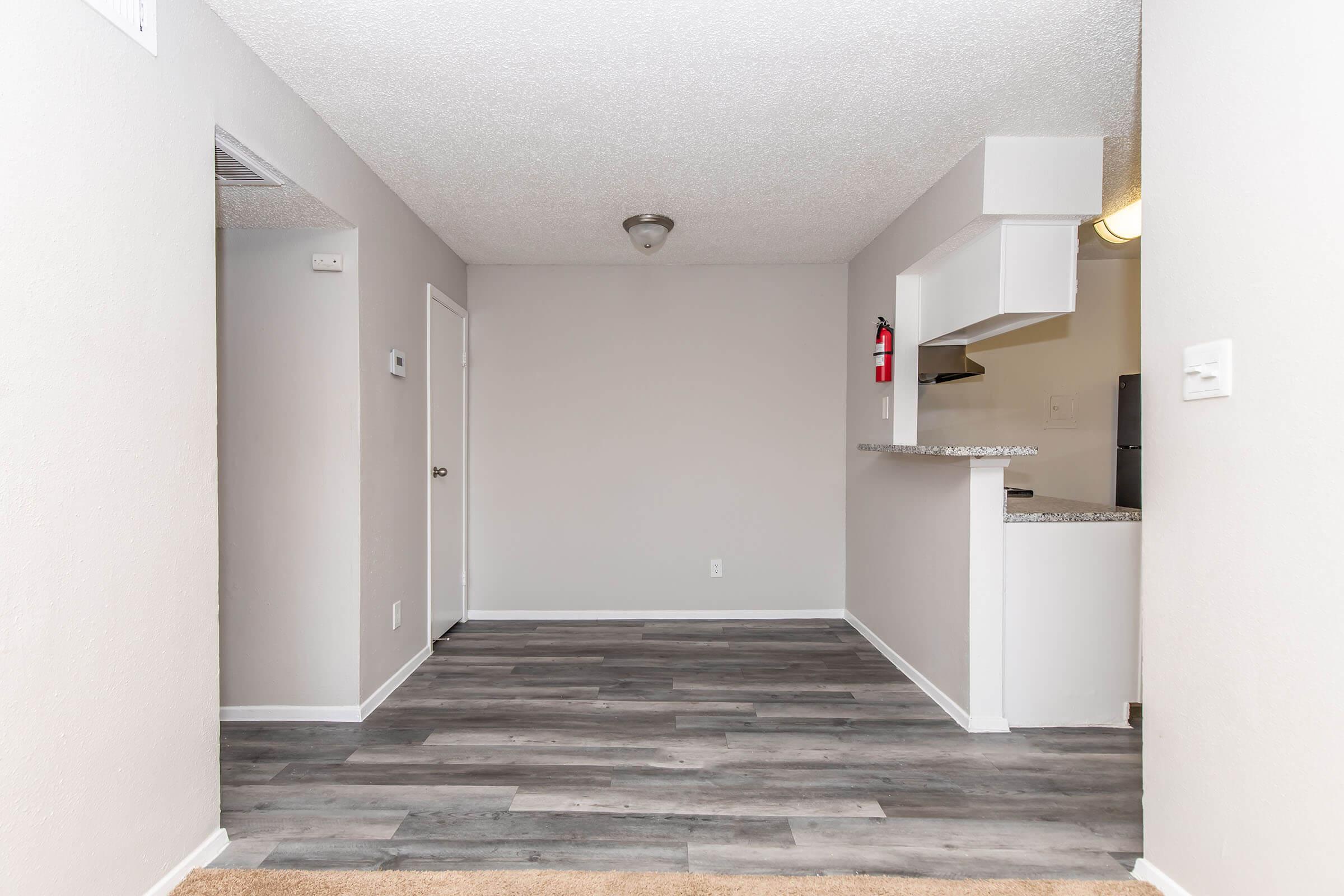 Interior view of a modern apartment featuring gray walls and flooring. The space includes a doorway leading to another room, an open kitchen area with a counter, and a small dining or living area. There is a ceiling light fixture, and the overall design is minimalist and bright.