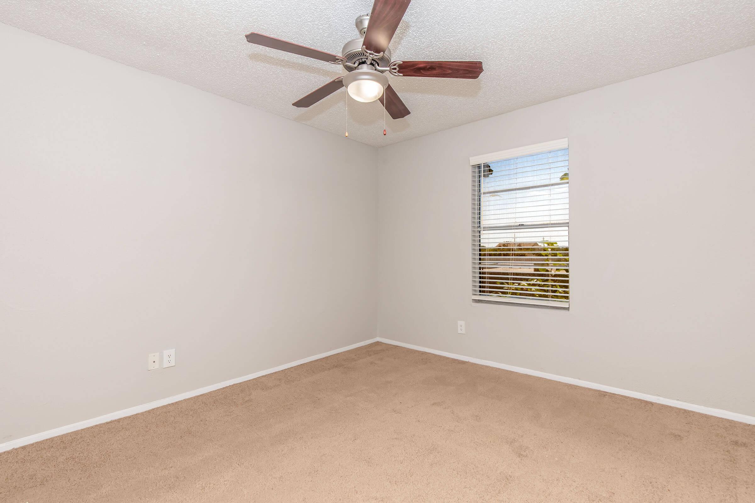 A vacant room featuring light gray walls and beige carpeting. There is a ceiling fan with wooden blades and a light fixture. A window with white blinds allows natural light to enter the space, providing a view of outside greenery. The room is empty and ready for furniture or decoration.