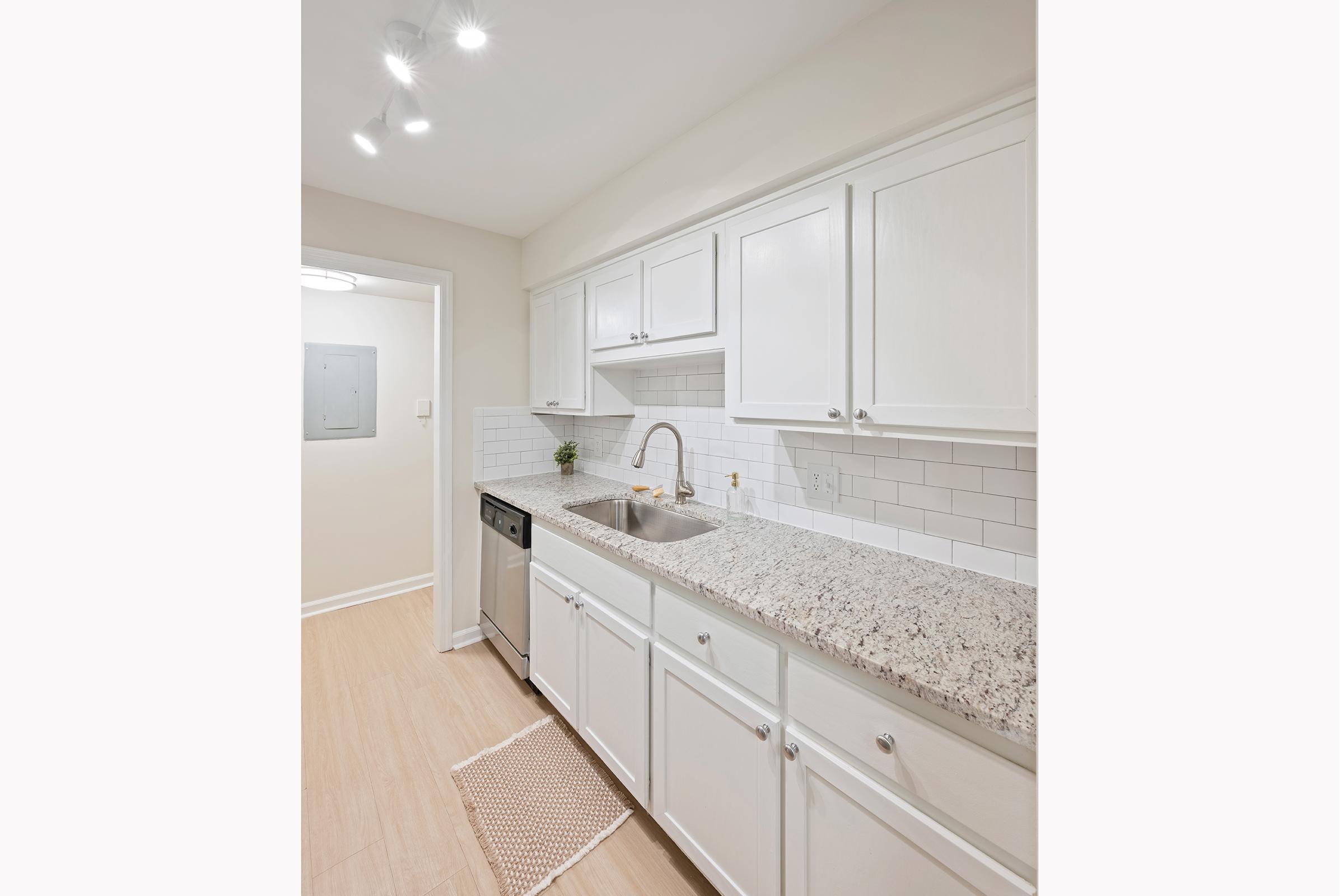 A clean, modern kitchen featuring white cabinetry, a granite countertop, a stainless steel sink, and a tiled backsplash. The kitchen includes an integrated dishwasher and a small rug on the light-colored wooden floor. Overhead lights provide bright illumination, adding to the inviting atmosphere.