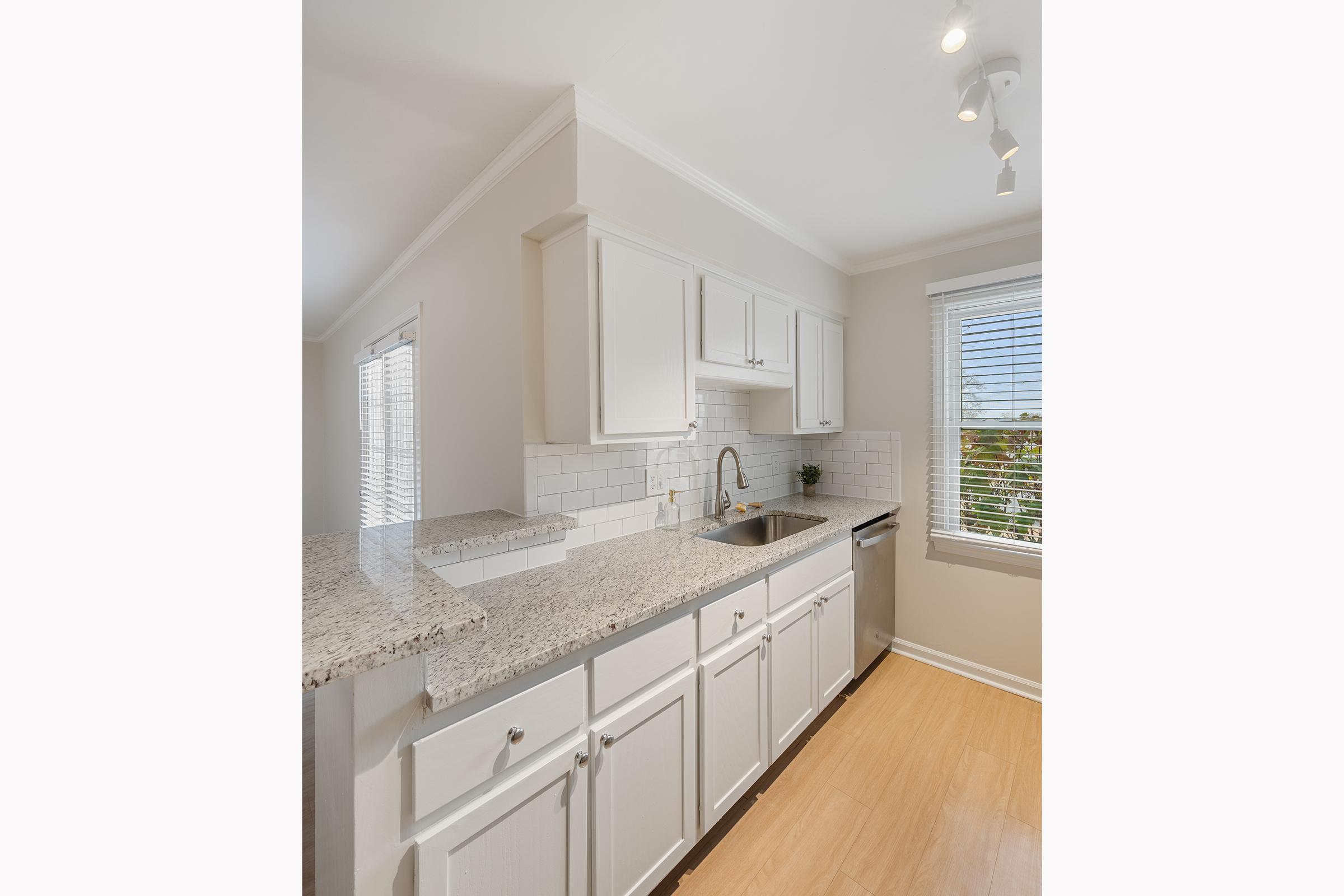 Modern kitchen featuring white cabinets, a granite countertop, and a stainless steel sink. The space is brightly lit with natural light coming through a window and includes a dishwasher and a decorative plant on the countertop. The flooring is light wood, enhancing the contemporary aesthetic.