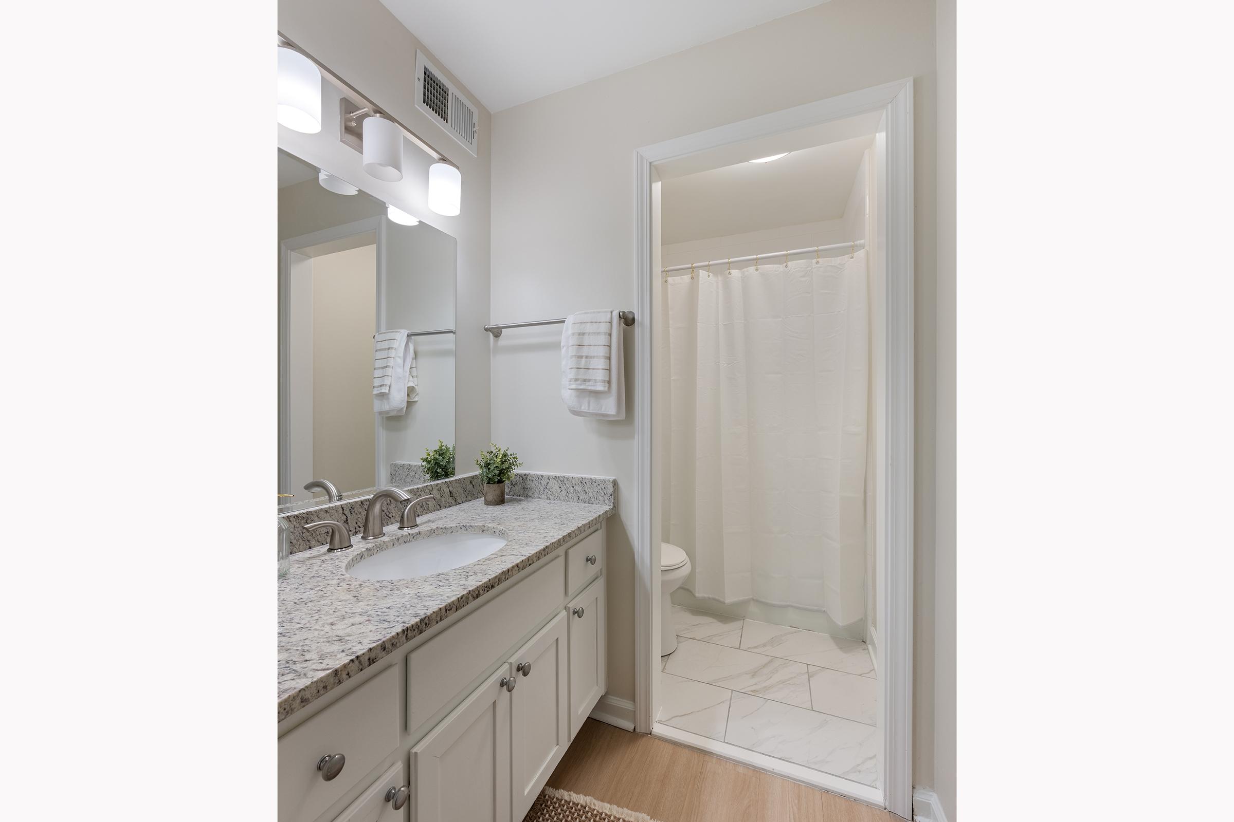 A modern bathroom featuring a granite countertop with a sink, a mirror, and a towel on a rack. To the right, a white shower curtain obscures a shower area. The flooring is light wood, and there's a small potted plant on the counter. The overall decor is clean and minimalist with neutral colors.