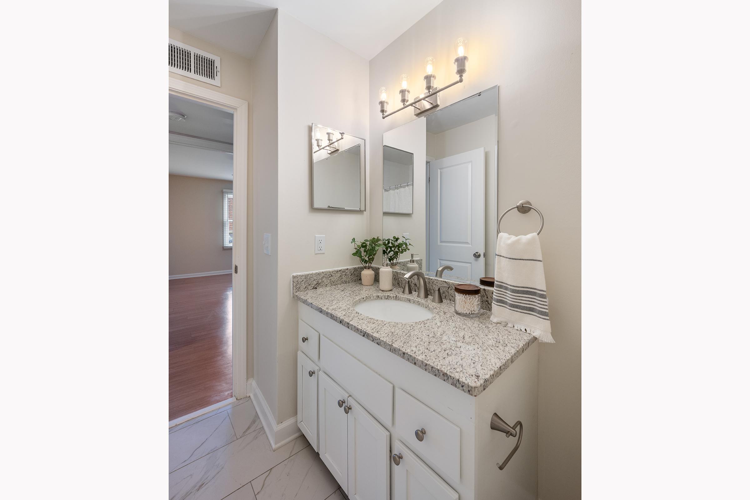 A modern bathroom featuring a light-colored granite countertop with a sink, a large mirror, and a stylish light fixture above. There is a hand towel on a rack, a small potted plant on the counter, and a door leading to a different room visible in the background. The walls are painted in soft neutral tones.