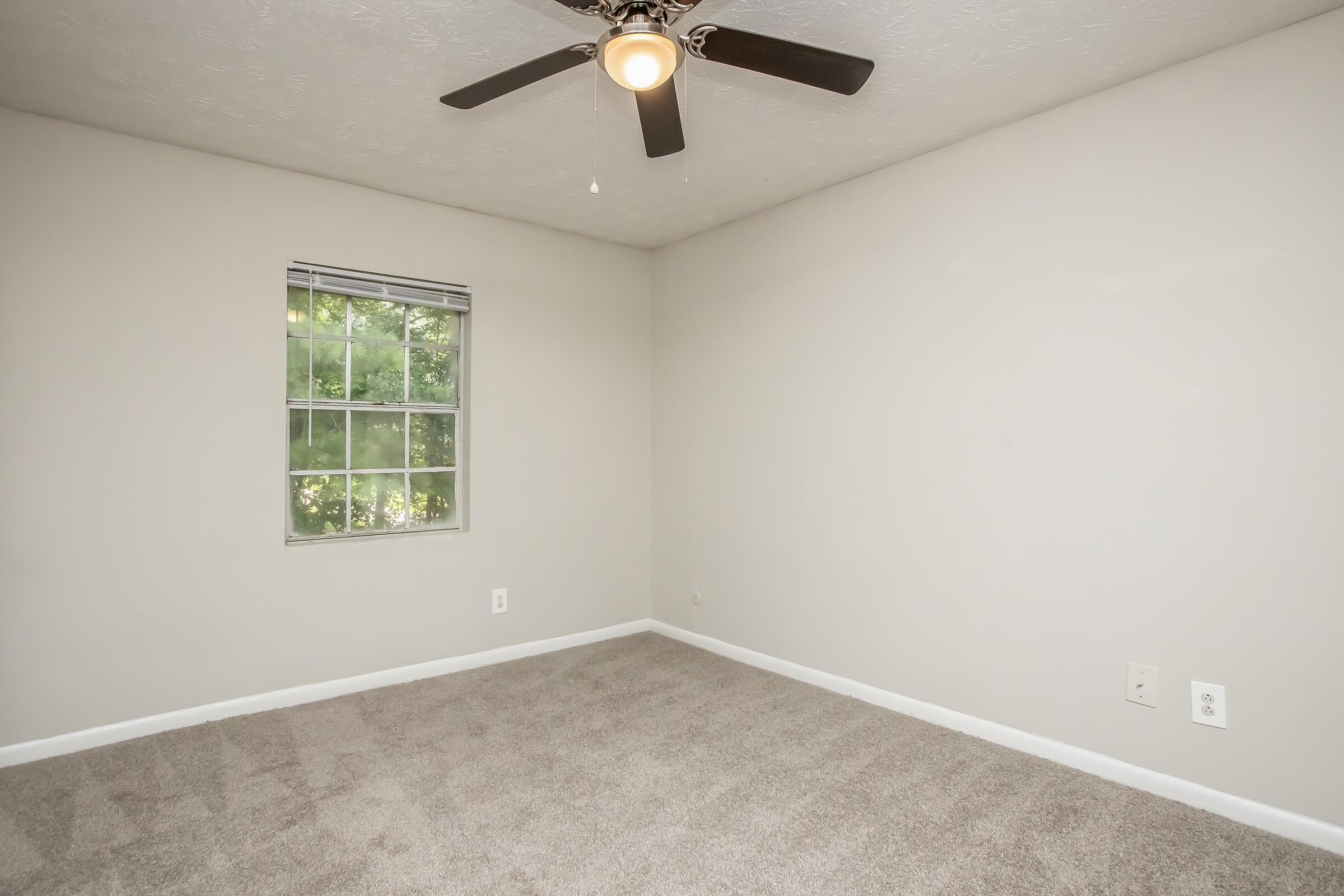 A spacious, empty room with light gray walls and a window allowing natural light. The floor is covered in beige carpet, and a ceiling fan with wooden blades is installed. The room is unfurnished, creating a neutral and blank canvas, suitable for various uses.