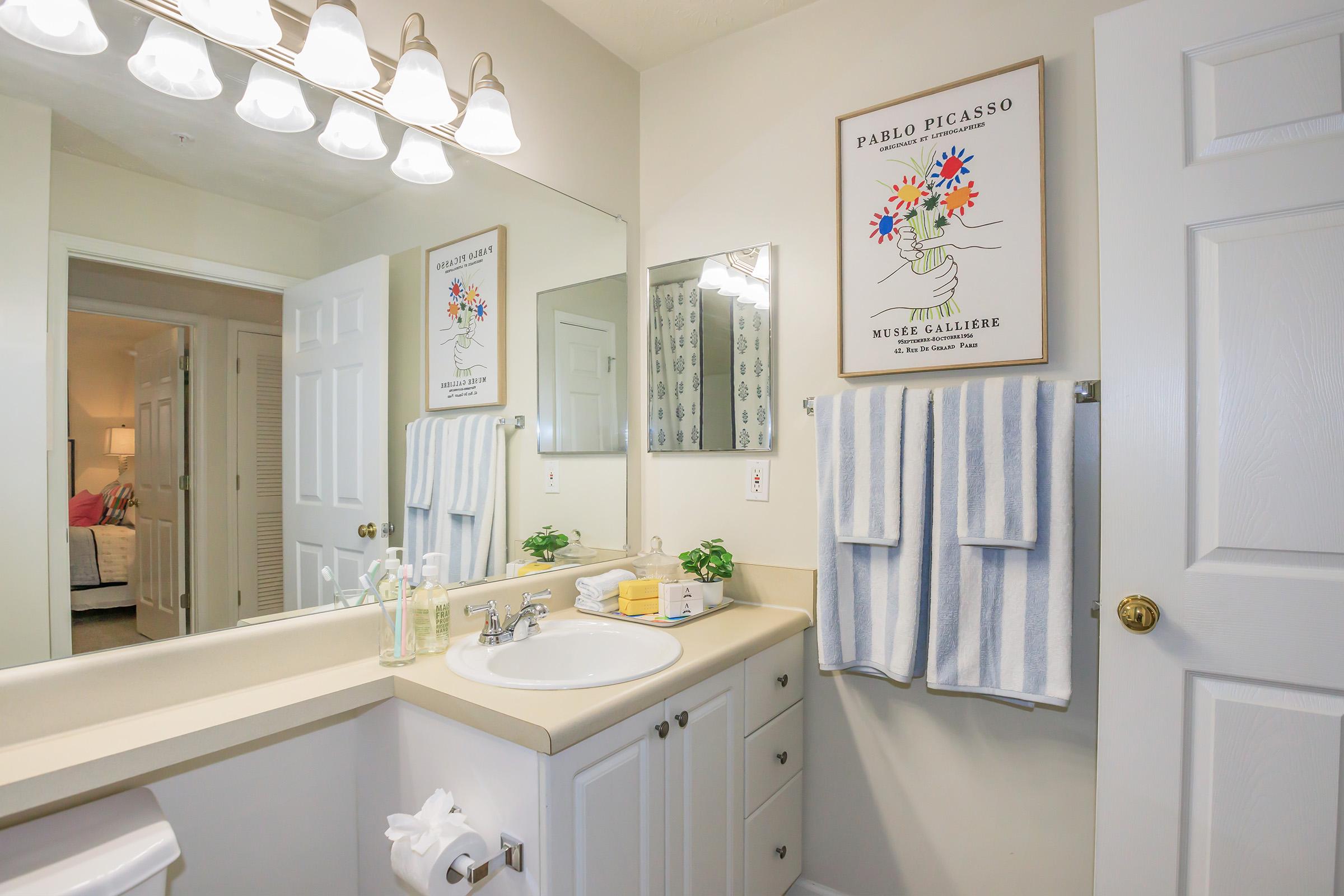 A well-lit bathroom featuring a sink with a beige countertop, a large mirror above it, and decorative towels hanging. A framed Picasso print is on the wall, adding an artistic touch. The decor is simple and clean, with a glimpse of a bedroom visible through an open door.