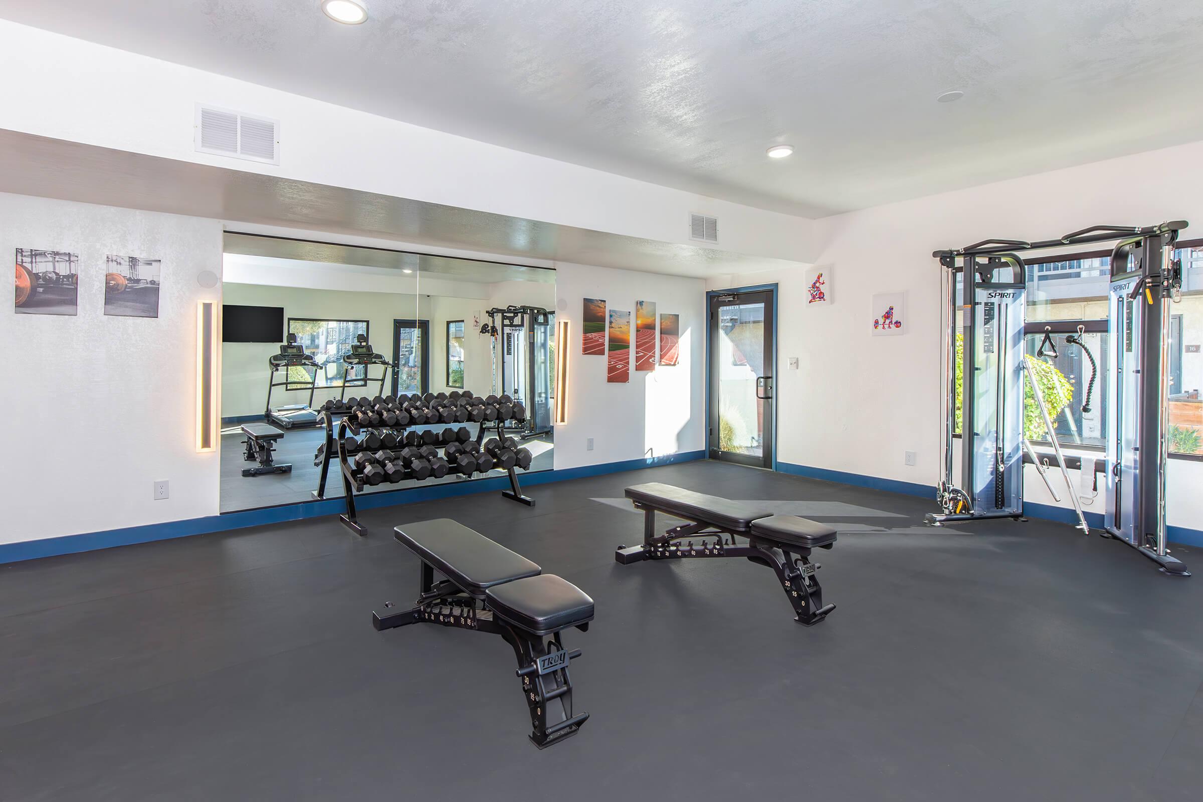 A modern gym interior featuring two weight benches, a set of dumbbells on a rack, and a multi-station gym machine. The space has bright lighting and mirrors on the wall, with decorative artwork and a television mounted for entertainment. The flooring is dark, providing a stark contrast to the bright walls.