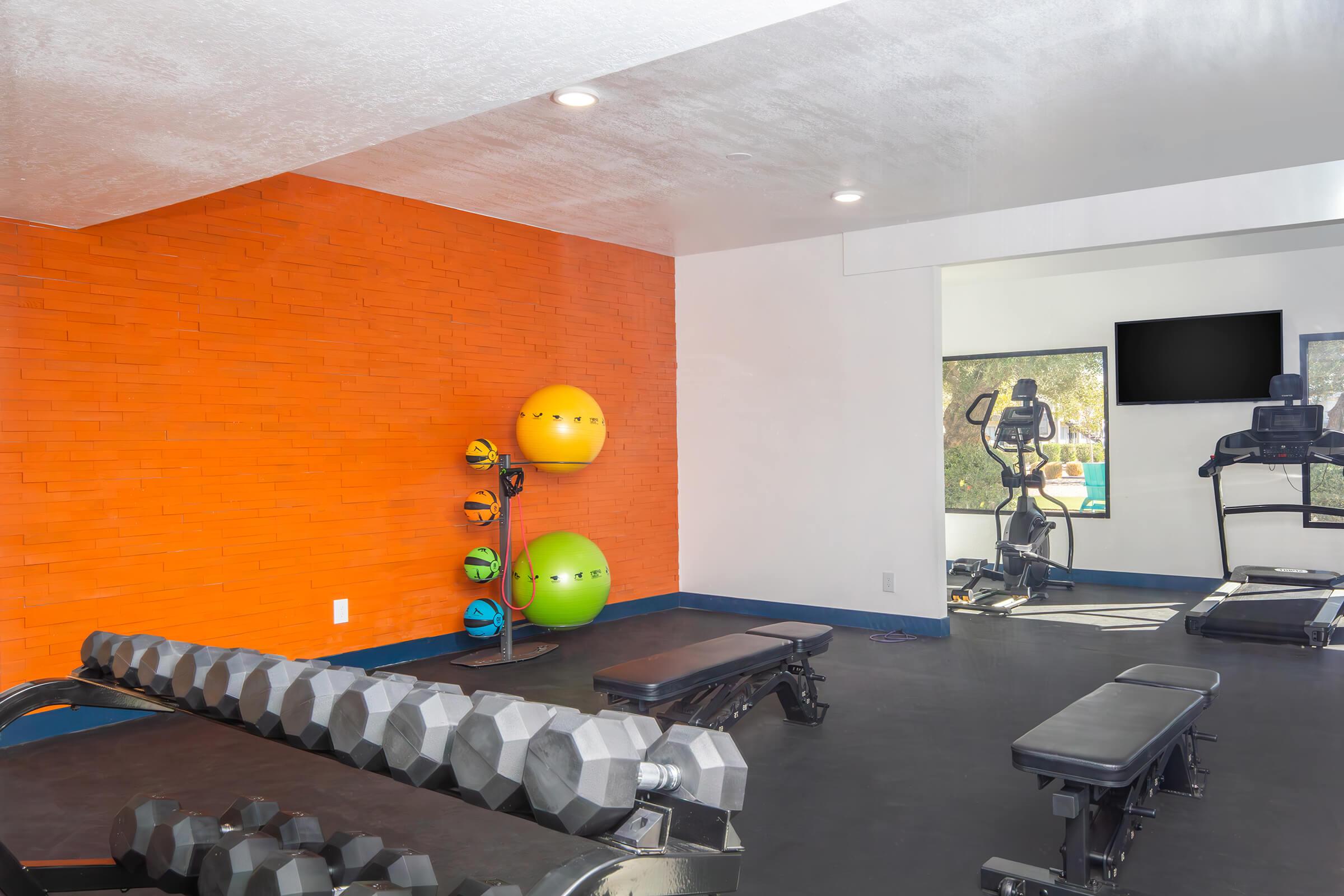 A bright and airy fitness room featuring a modern workout space with dumbbells, benches, and exercise balls in vibrant colors. An exercise bike and a treadmill are visible in the background, along with a mounted TV on the wall. The room has a lively orange accent wall and ample natural light.