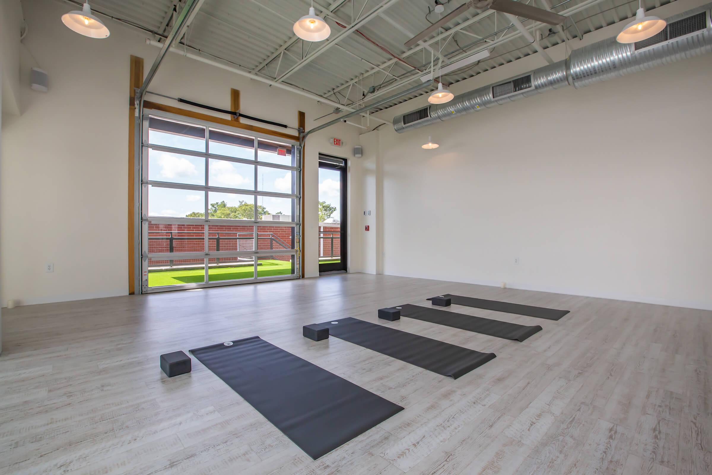 Yoga room at South Front In Wilmington, North Carolina.
