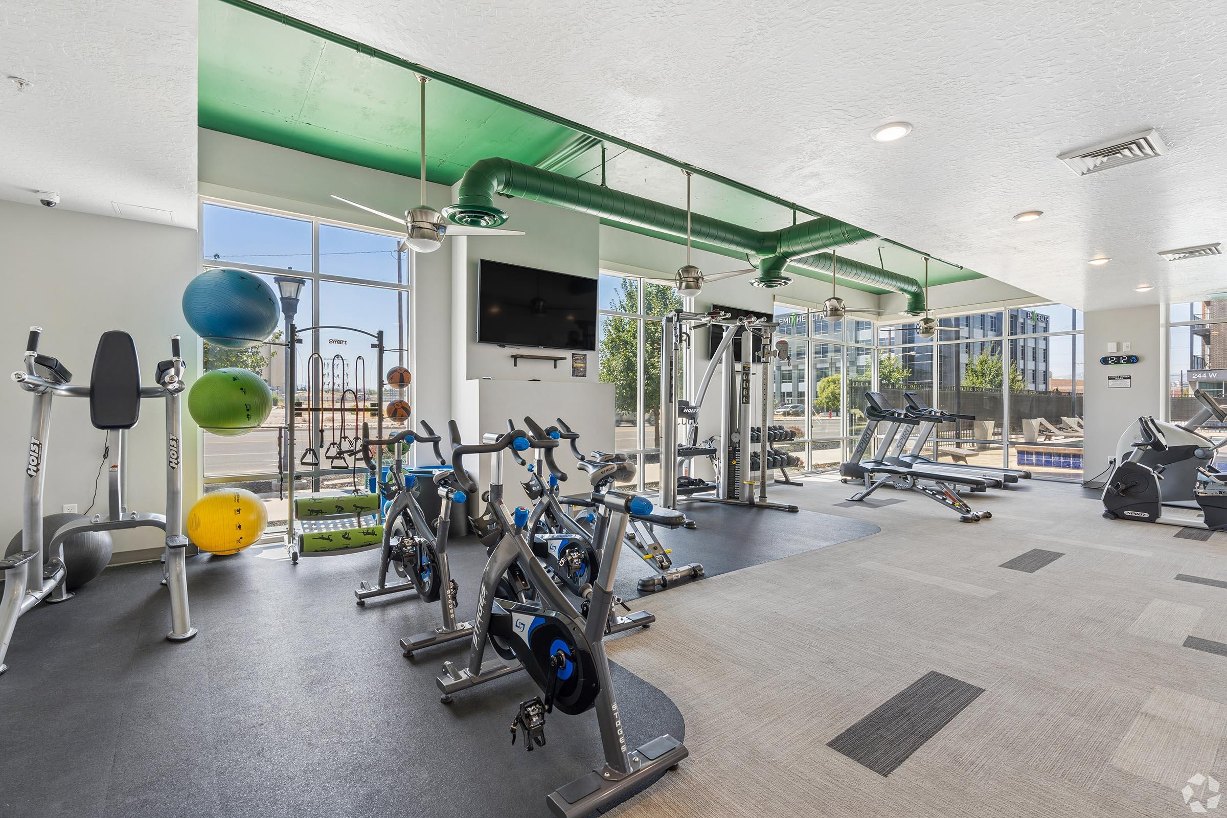A modern gym interior featuring various exercise equipment, including stationary bikes, a multi-station weight machine, and cardio machines. Large windows provide natural light, with colorful exercise balls on the wall and a clear view of an outdoor area beyond.