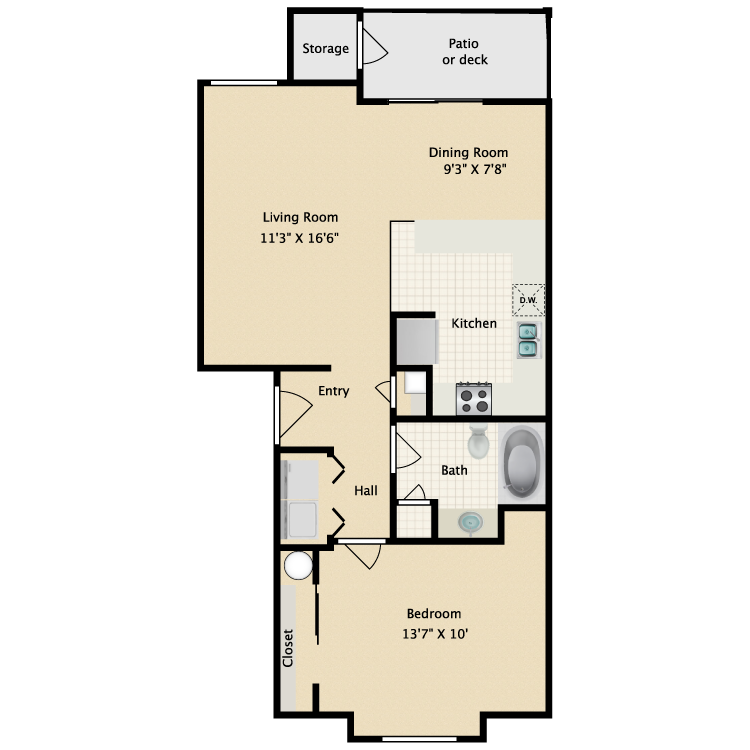 Floor plan image of 1 Bed 1 Bath