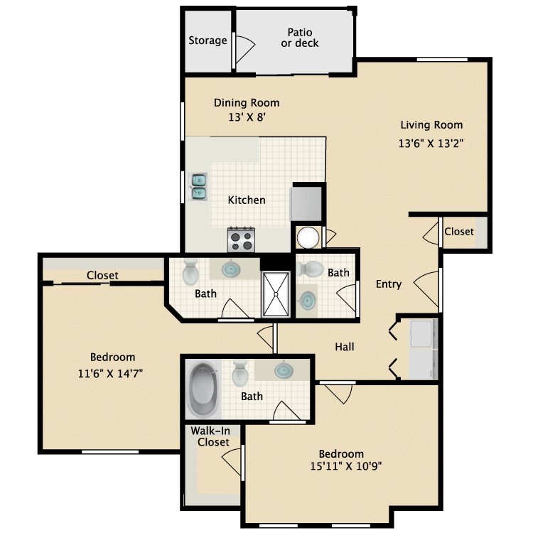 Floor plan image of 2 Bed 2.5 Bath