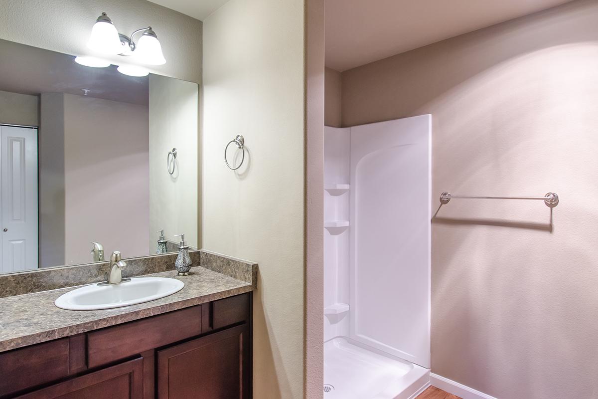 a room with a sink and a mirror