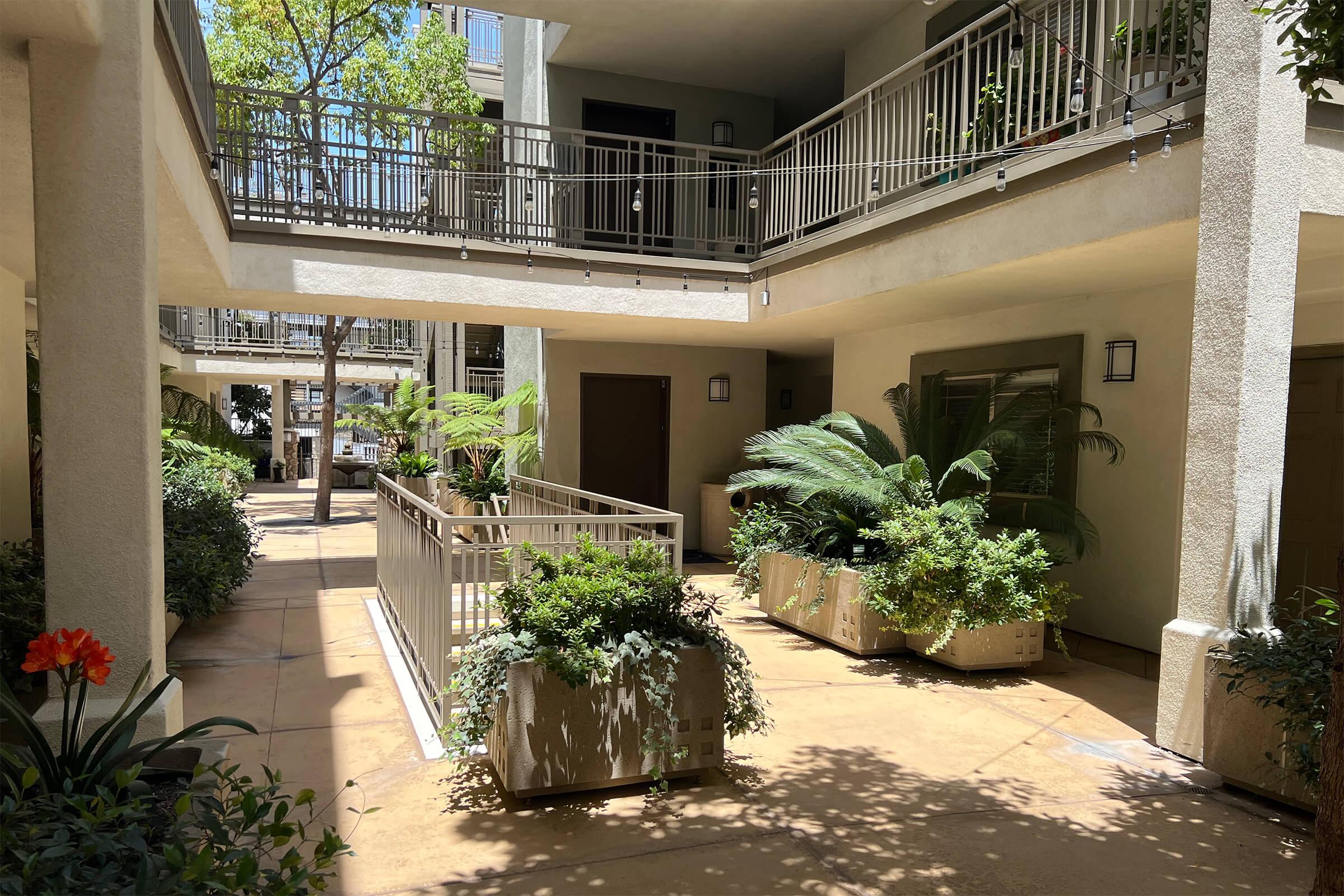 A sunny, serene courtyard of an apartment complex featuring potted plants and greenery. Walkways lined with low barriers lead to doorways, and large planters add a touch of nature. The area is well-lit with natural light filtering through the buildings, creating a peaceful atmosphere.