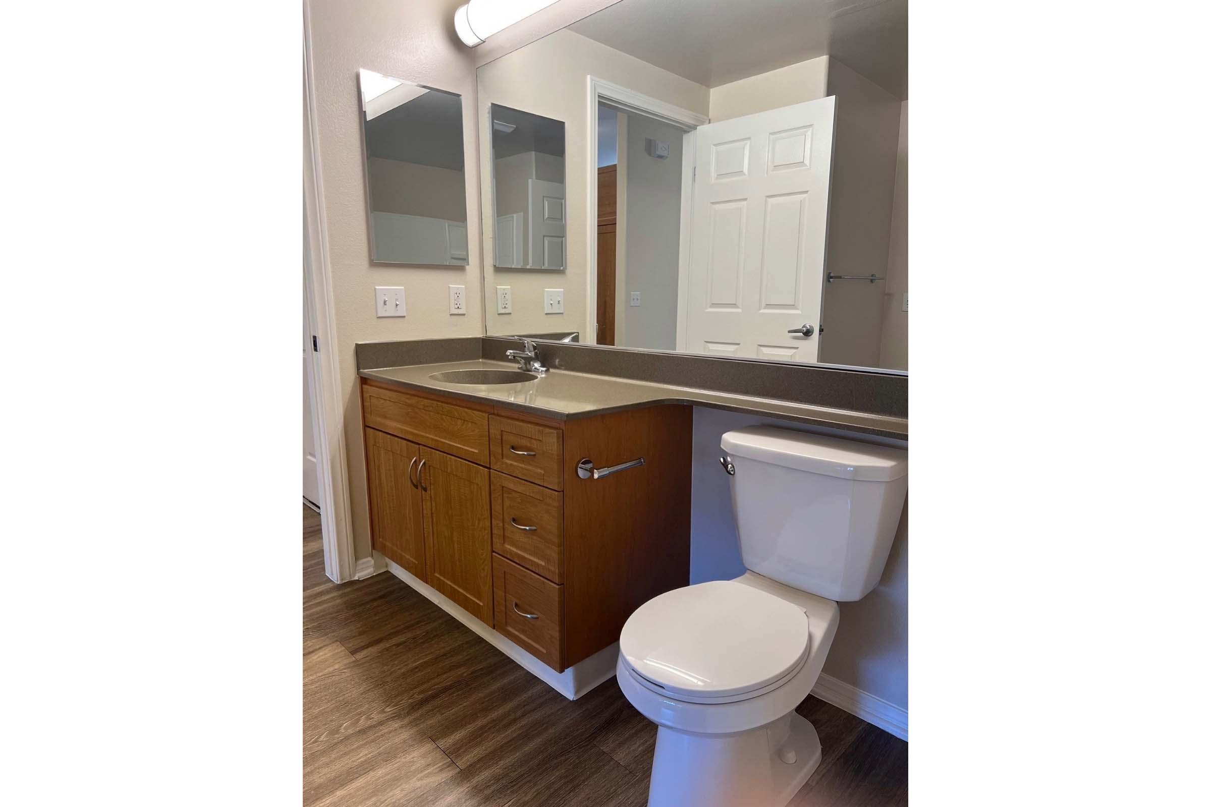 A clean bathroom featuring a wooden vanity with sink and cabinets, a modern toilet, two mirrors above the sink, and a neutral color scheme. The flooring is a light wood design, and the walls are painted in a soft tone, creating a bright and spacious atmosphere.