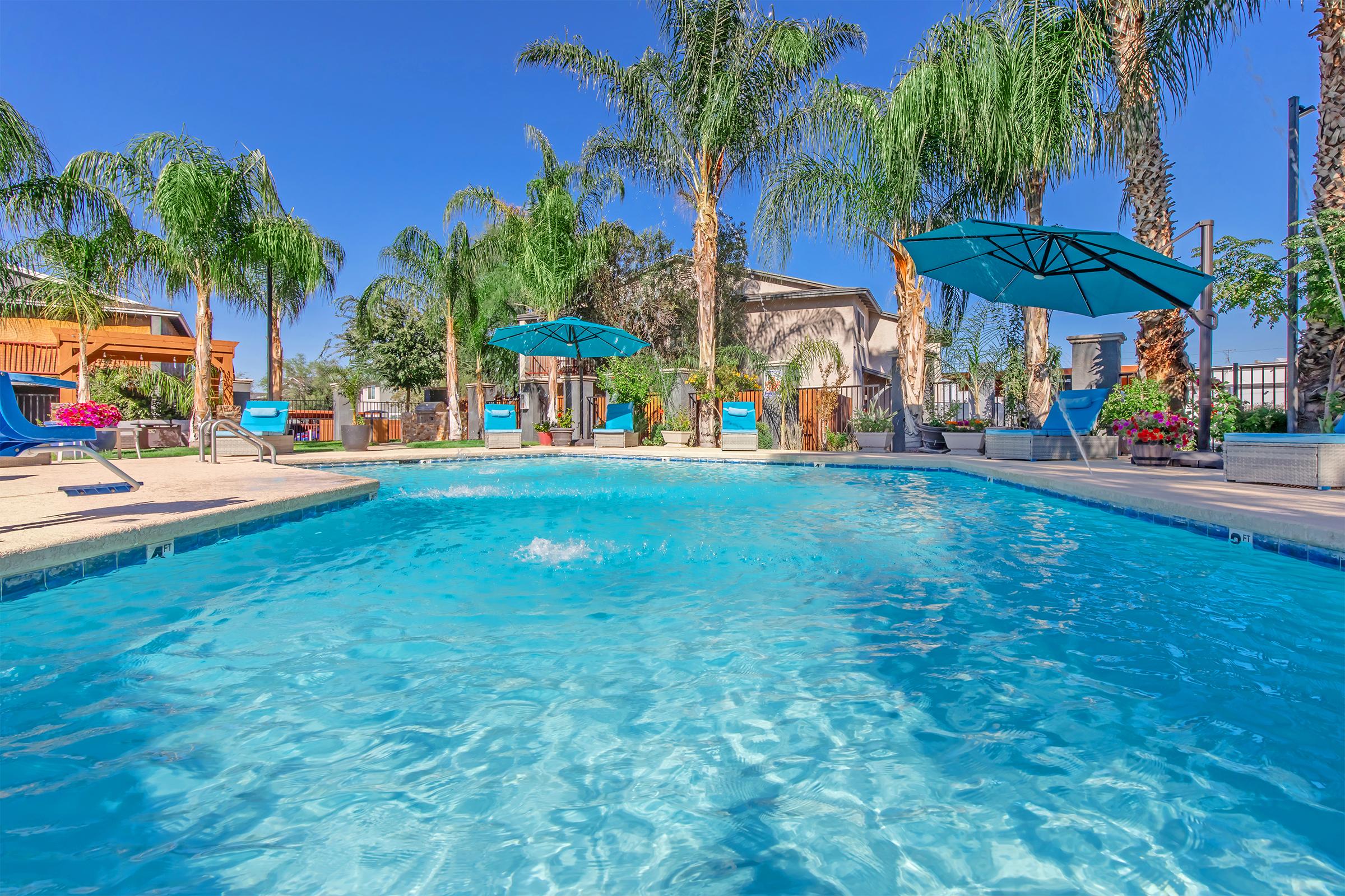 A sunny outdoor pool scene featuring clear blue water, surrounded by palm trees and colorful umbrellas. Lounge chairs line the pool's edge, and vibrant flowers add to the tropical atmosphere. The sky is bright blue, enhancing the inviting ambiance of this relaxing space.