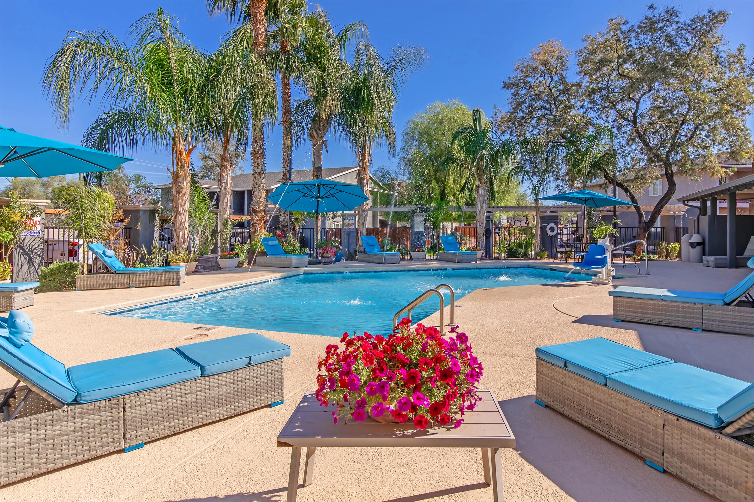 A sunny pool area featuring a blue swimming pool surrounded by lush palm trees and vibrant flowers. Lounge chairs with blue cushions are arranged around the pool, and large umbrellas provide shade. The scene exudes a relaxing outdoor atmosphere.