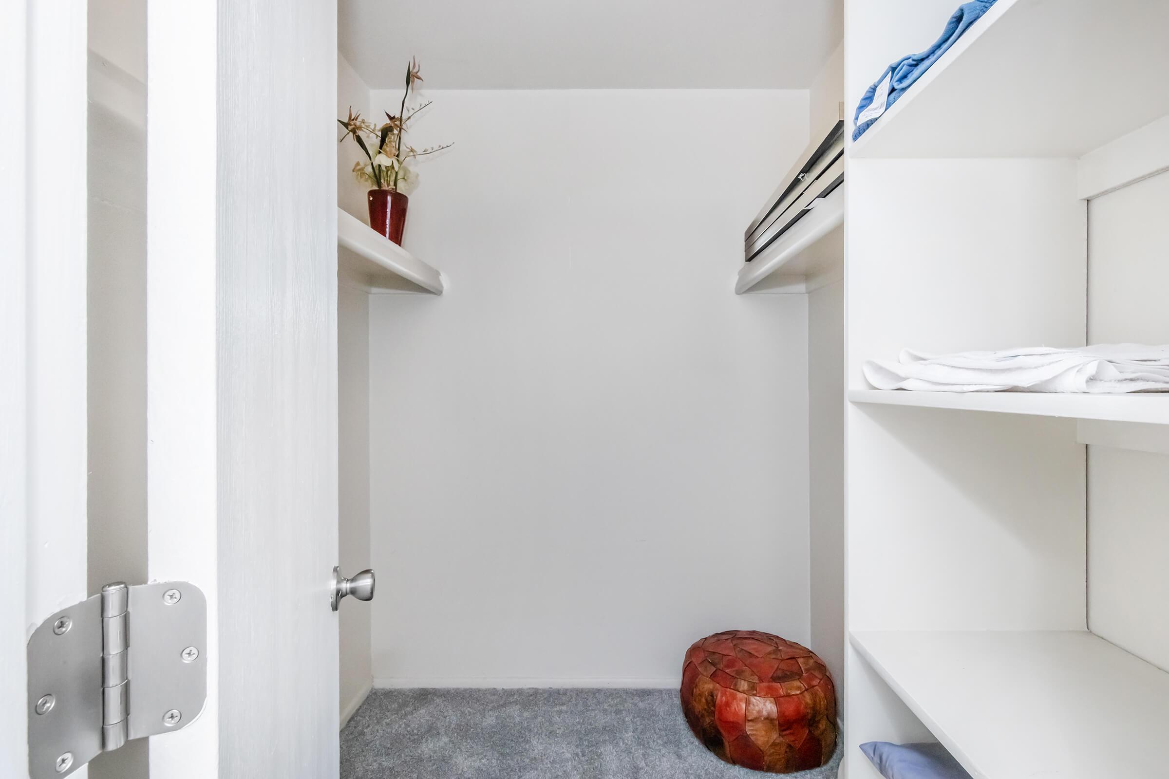A small, empty closet featuring white shelves on either side. There is a potted plant on one shelf and neatly stacked towels on another. The closet has a light gray carpet and a colorful, round pouf on the floor. The door is slightly ajar, revealing the minimalistic space.