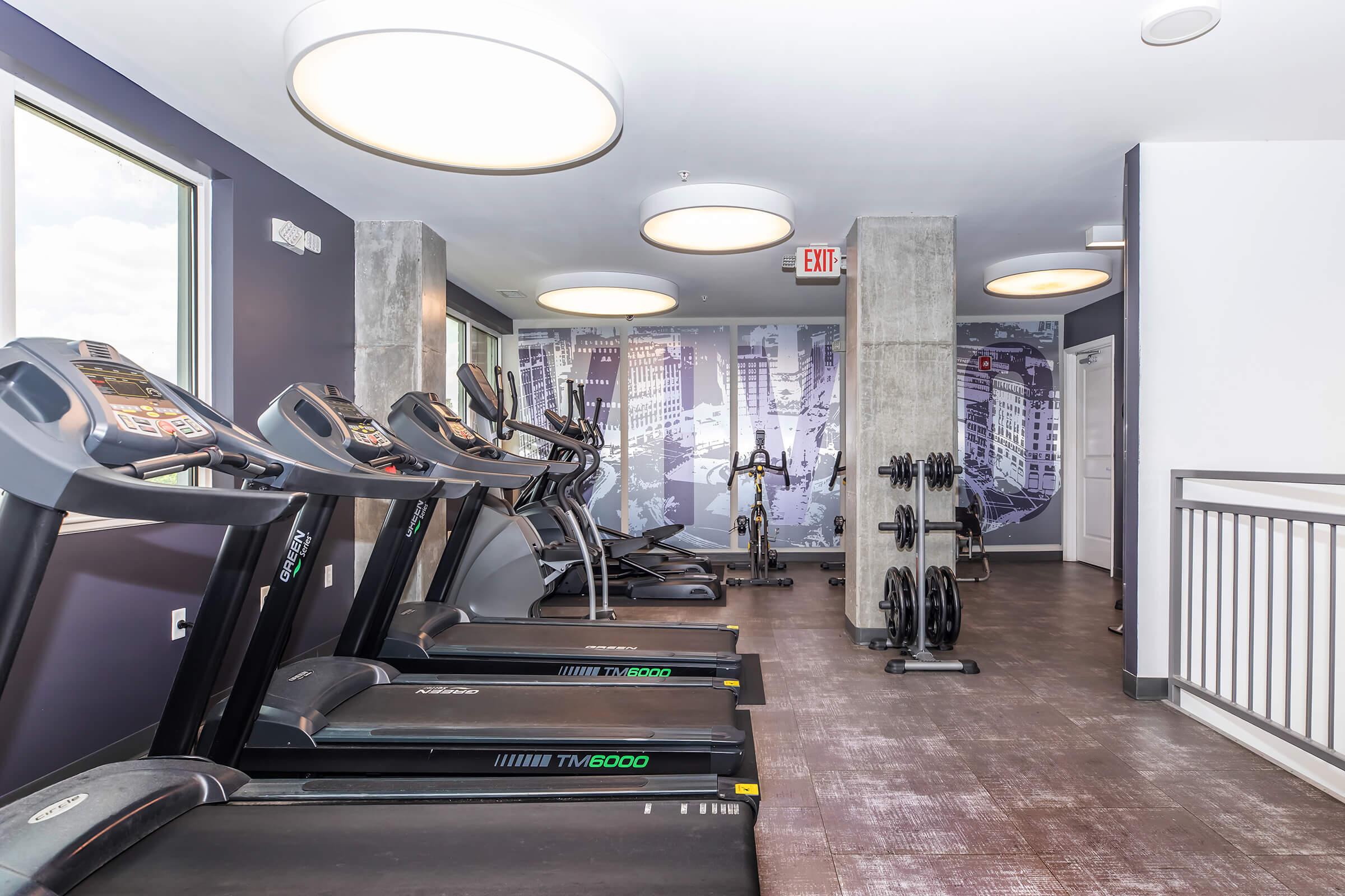A modern fitness room featuring several treadmills lined up against the wall, a selection of dumbbells on a rack, and large windows providing natural light. The decor includes a large wall mural depicting a cityscape, creating an inviting workout atmosphere.