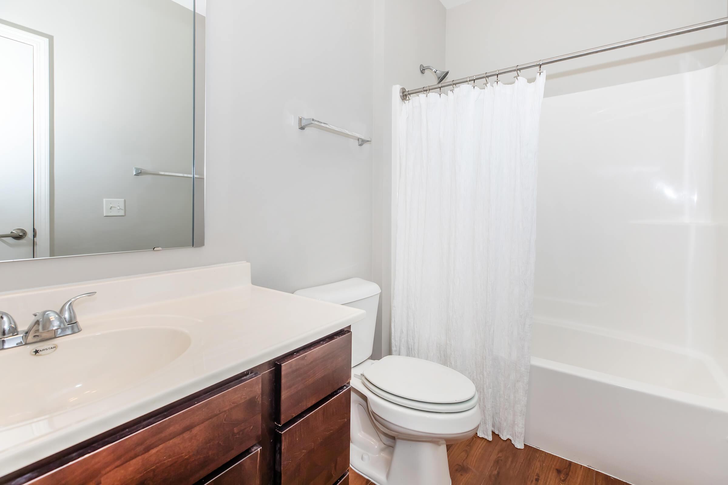 A modern bathroom featuring a white bathtub with a shower curtain, a toilet, and a vanity with a sink and dark wooden cabinetry. The walls are painted in a light color, and there is a large mirror above the sink, creating a clean and sleek appearance.