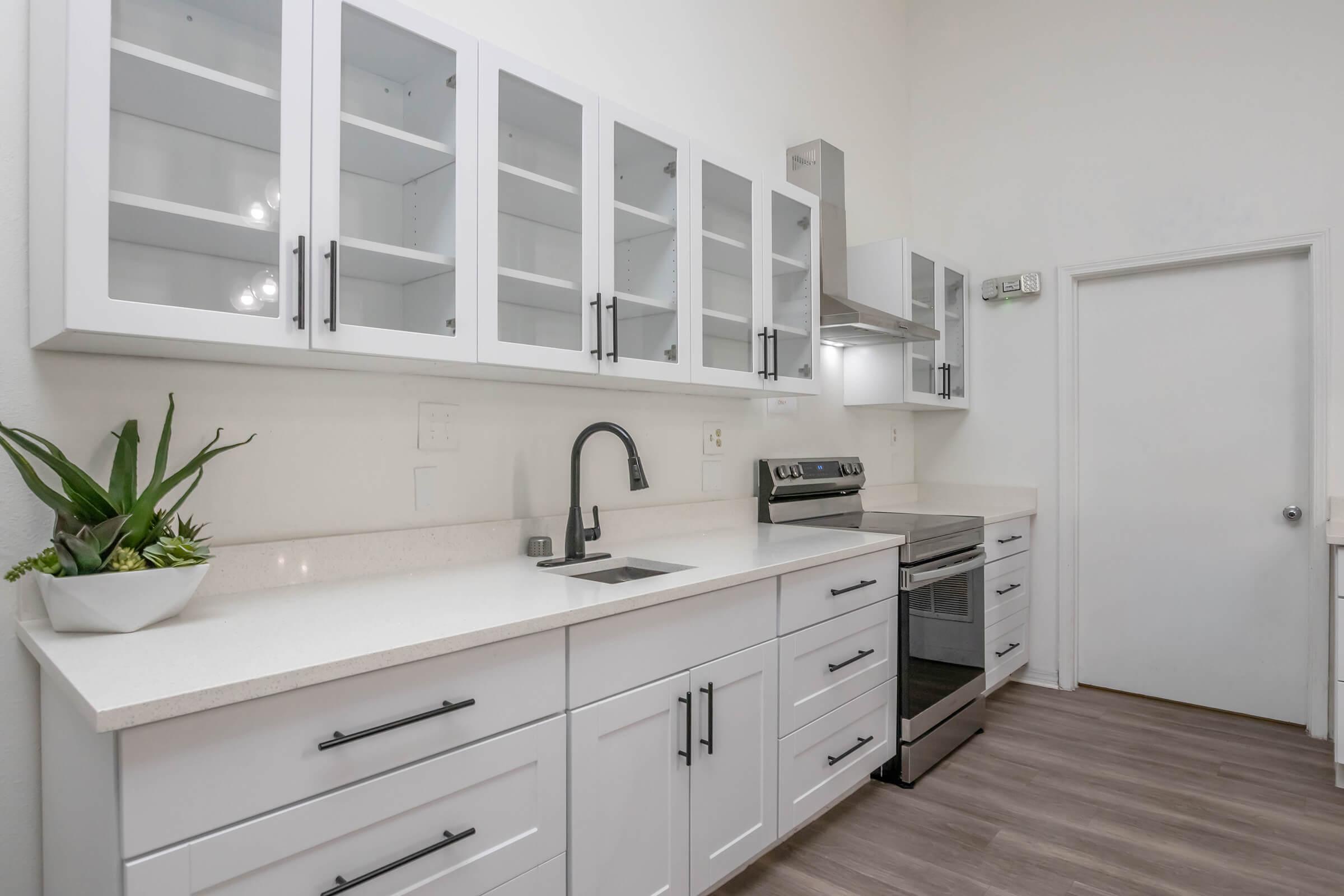 Modern kitchen featuring white cabinetry with glass doors, a stainless steel stove, and a sink with a sleek faucet. The countertop is light-colored and features a small potted plant for decoration. A door leads to another room, and the flooring is a light wood grain. Natural light brightens the space.