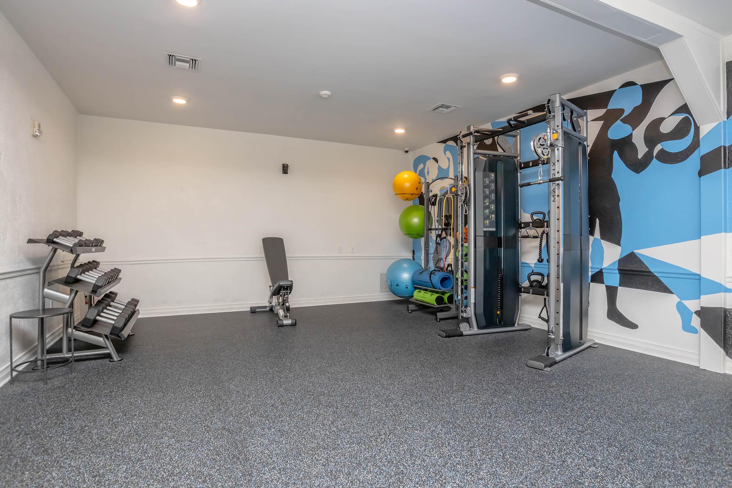 A fitness room featuring a variety of exercise equipment, including dumbbells, a weight bench, a multi-gym machine, and exercise balls. The walls are decorated with an abstract blue mural, and the flooring is a dark textured surface suitable for workouts. Bright lighting enhances the open space.