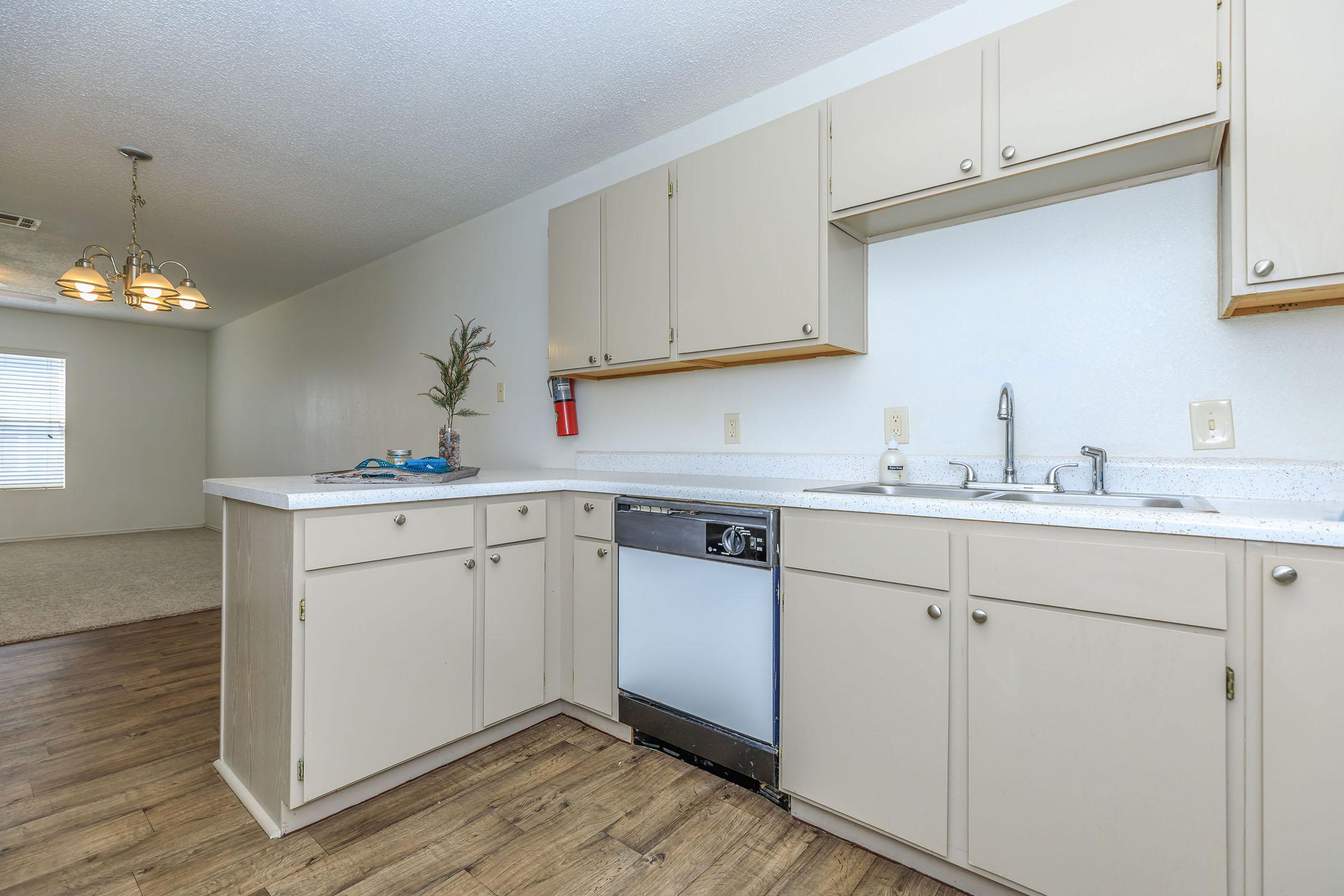 a kitchen with a sink and a refrigerator