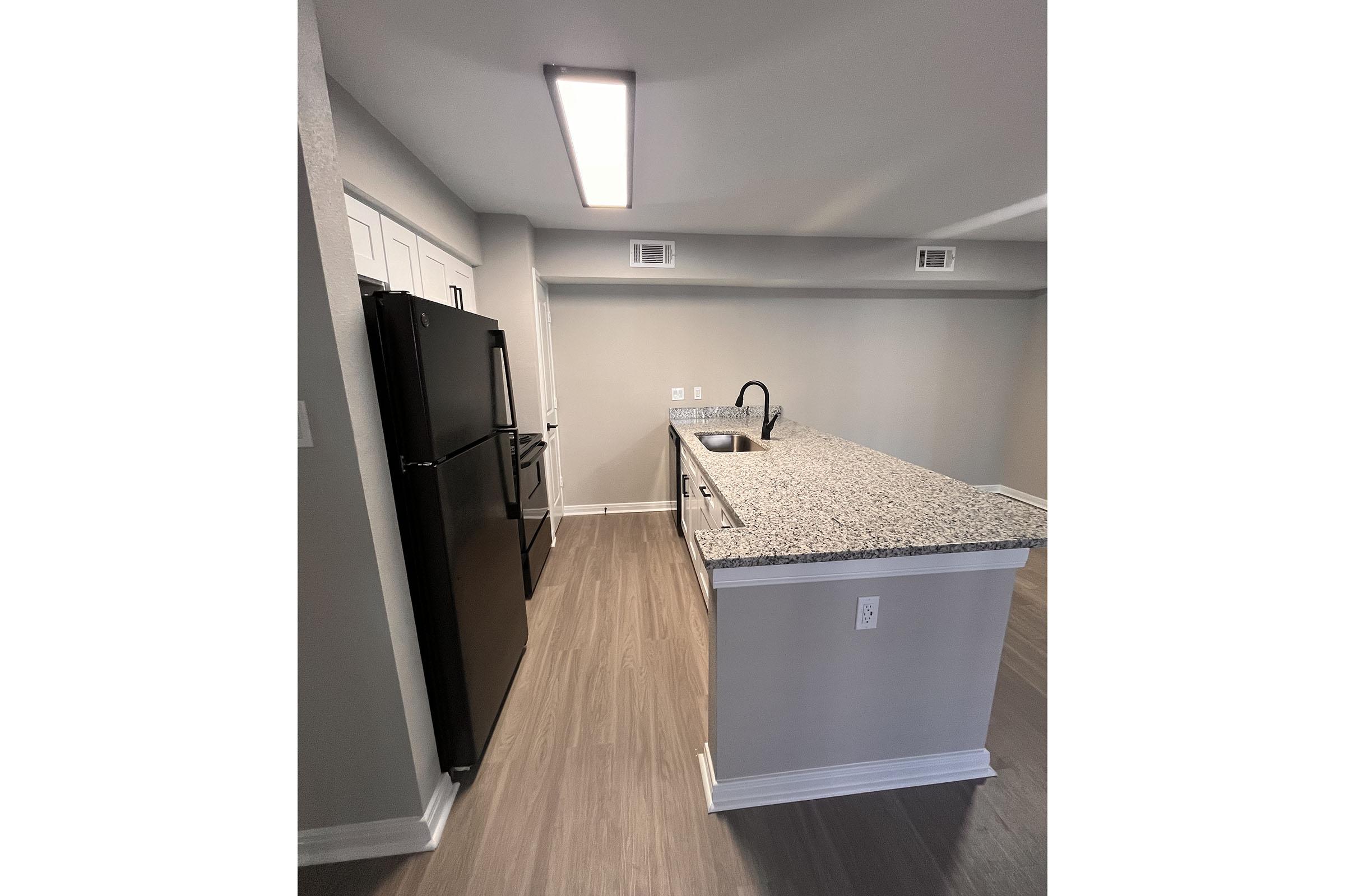 Modern kitchen featuring a long granite countertop with a sink, black refrigerator, and light-colored cabinetry. The floor is light wood laminate. A bright overhead light illuminates the space, which has neutral-toned walls and a spacious layout, creating an inviting atmosphere.