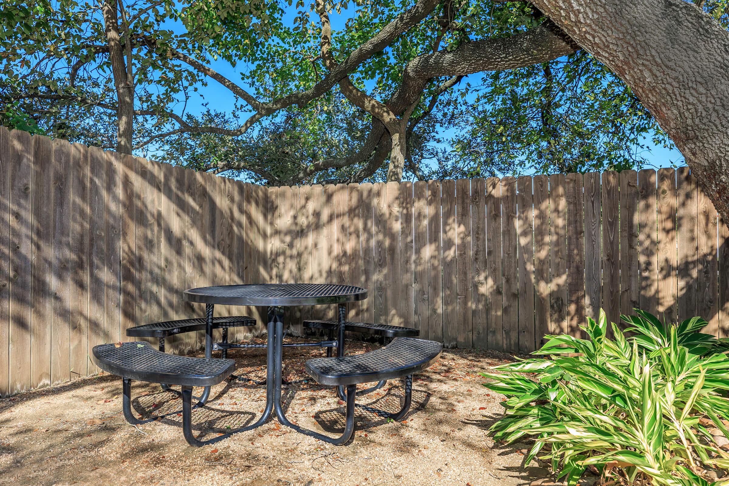 a stone bench sitting next to a tree