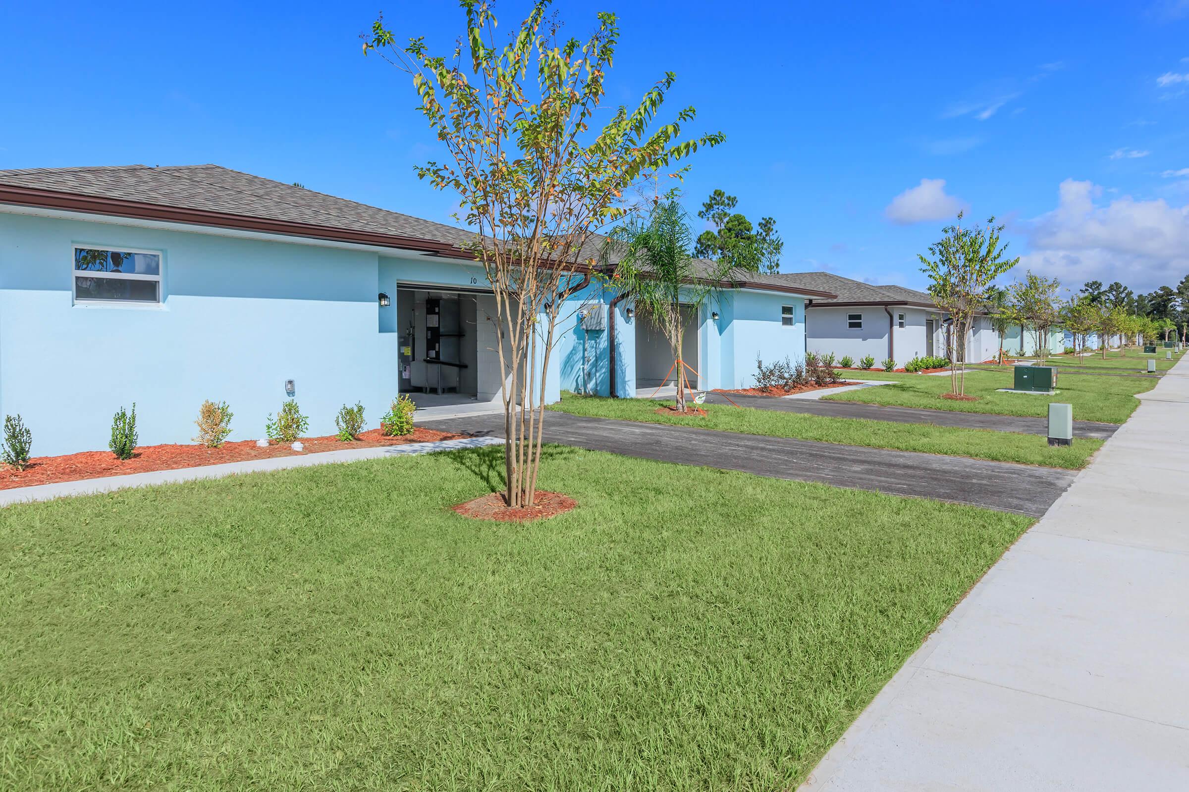 New residential neighborhood featuring modern single-family homes with light blue exteriors. Lush green lawns and neatly trimmed landscaping accent the front of the houses. Sidewalks run along the property, and a clear blue sky is visible overhead, creating a welcoming community atmosphere.