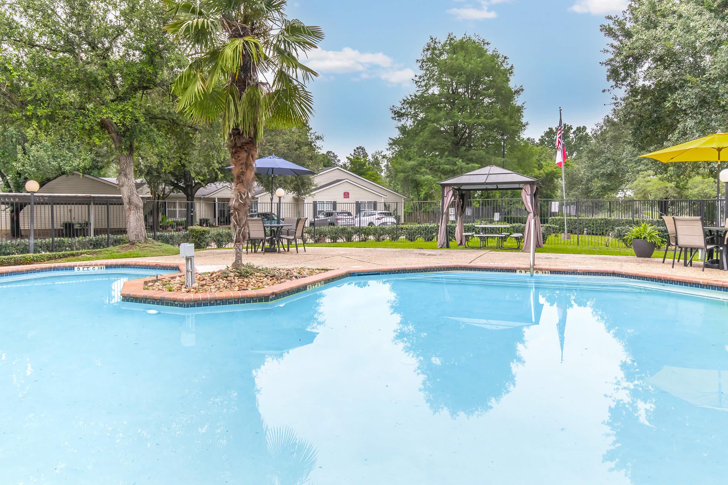 A clear swimming pool surrounded by lush greenery and palm trees. There are lounge chairs and umbrellas in vibrant colors. In the background, a gazebo and other amenities are visible, along with a glimpse of residential buildings and a flag. The sky is bright with scattered clouds.