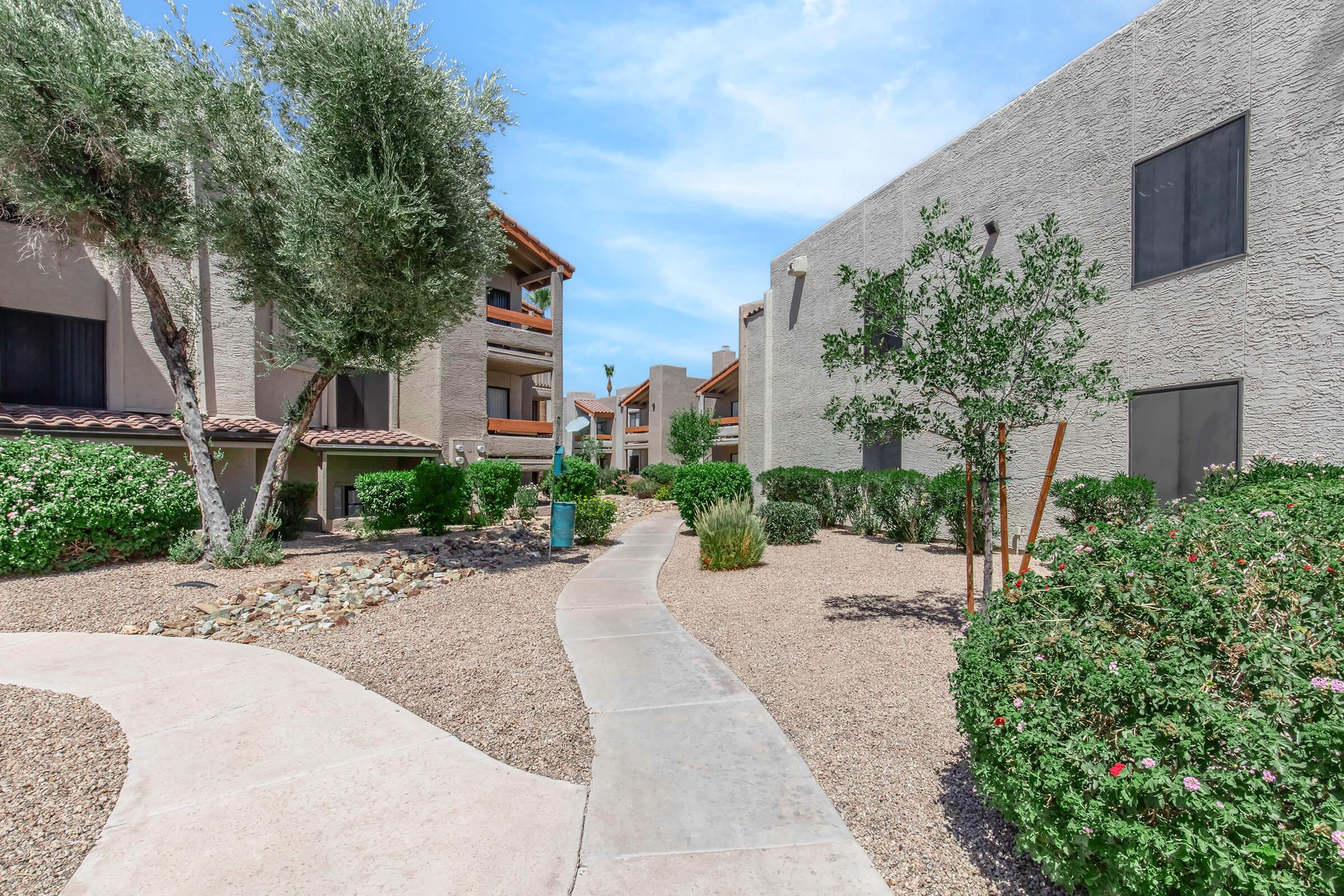 Pathway winding through a landscaped area with shrubs and trees, bordered by two multi-story apartment buildings. The scene features a clear blue sky, decorative rock landscaping, and well-maintained greenery, creating an inviting atmosphere for residents.