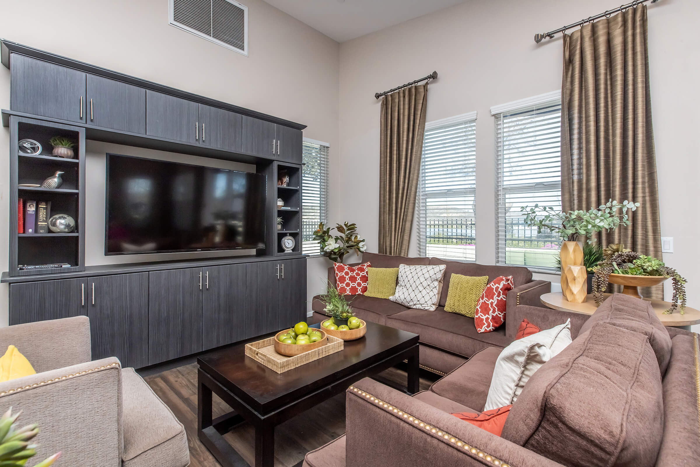 A modern living room featuring a dark wooden entertainment center with a large TV, flanked by decorative plants and books. The seating includes a brown sofa adorned with colorful pillows and a light-colored armchair. Natural light filters through window blinds, and a coffee table holds a tray with fruit.