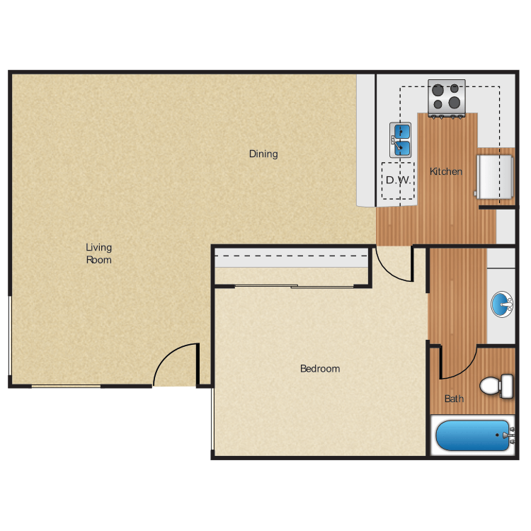 Plan D, a 1 bedroom 1 bathroom floor plan.